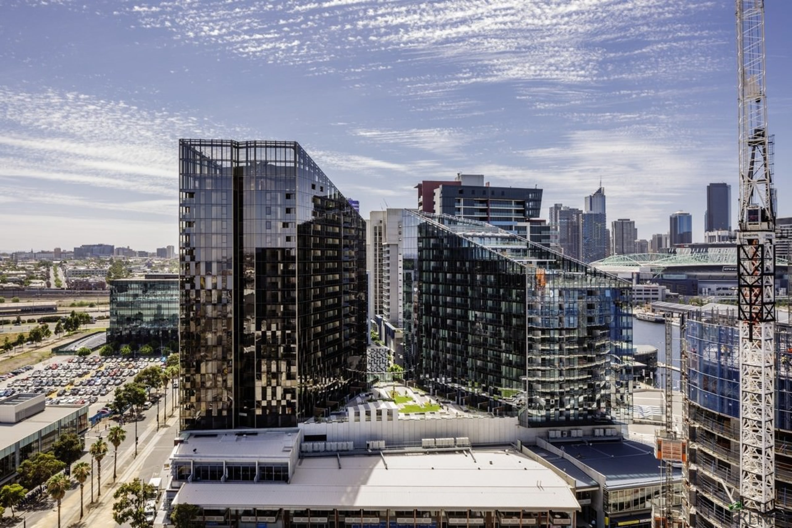 Promenade Aqui by Woods Bagot - Promenade Aqui building, city, cityscape, condominium, corporate headquarters, daytime, downtown, metropolis, metropolitan area, mixed use, real estate, residential area, sky, skyline, skyscraper, tower block, urban area, urban design, teal