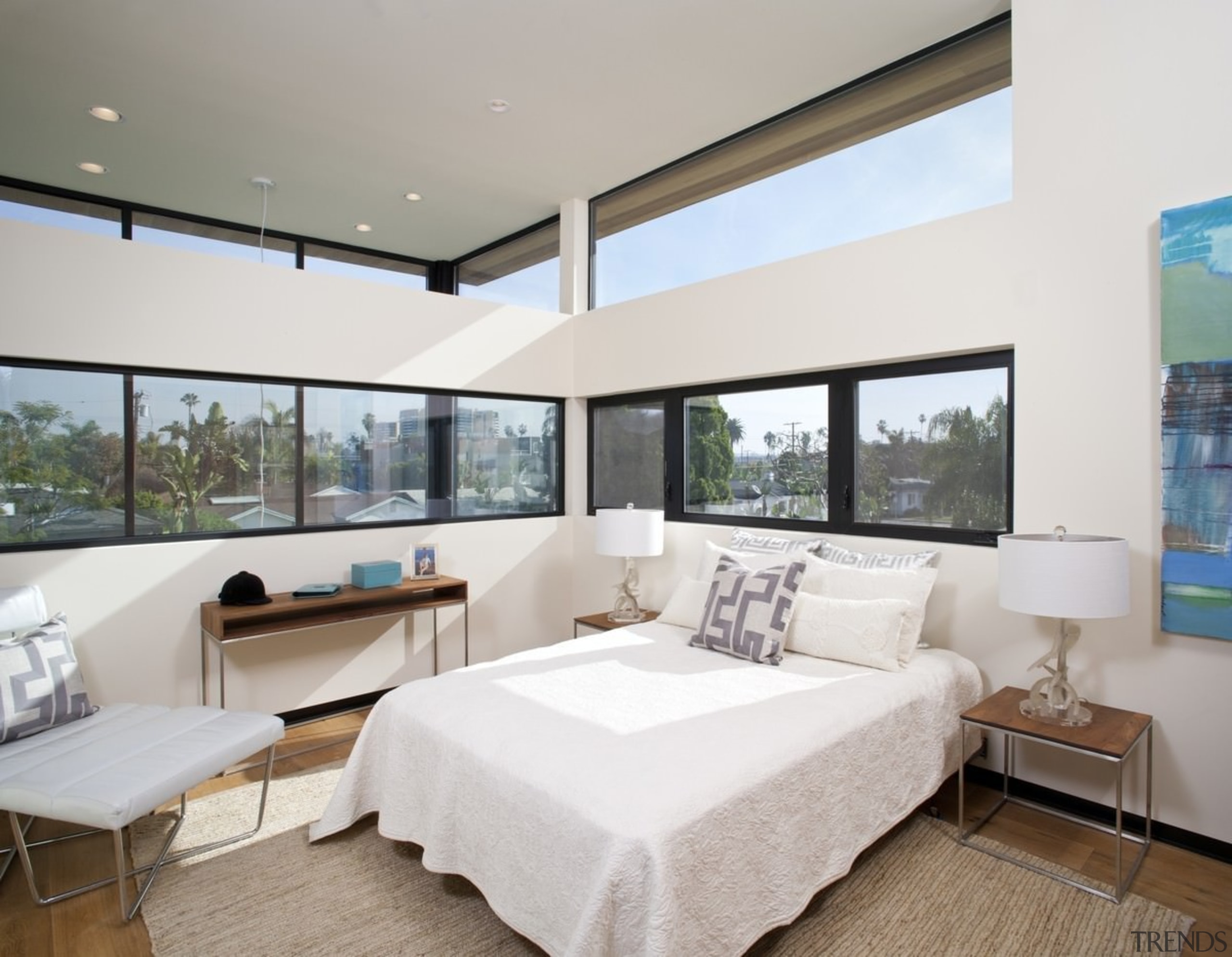 Clerestory windows run around the standard height windows architecture, bedroom, ceiling, estate, interior design, living room, penthouse apartment, property, real estate, room, window, gray