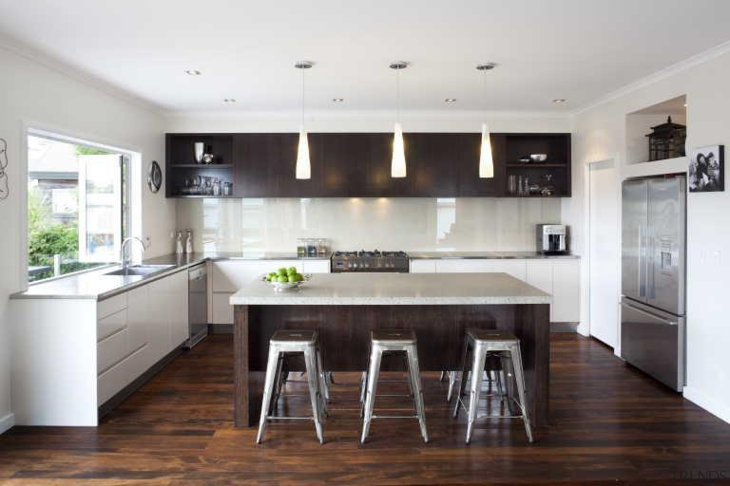 Kitchen with wooden flooring, white benches and cupboards cabinetry, countertop, cuisine classique, floor, flooring, hardwood, interior design, kitchen, real estate, room, wood flooring, white, black