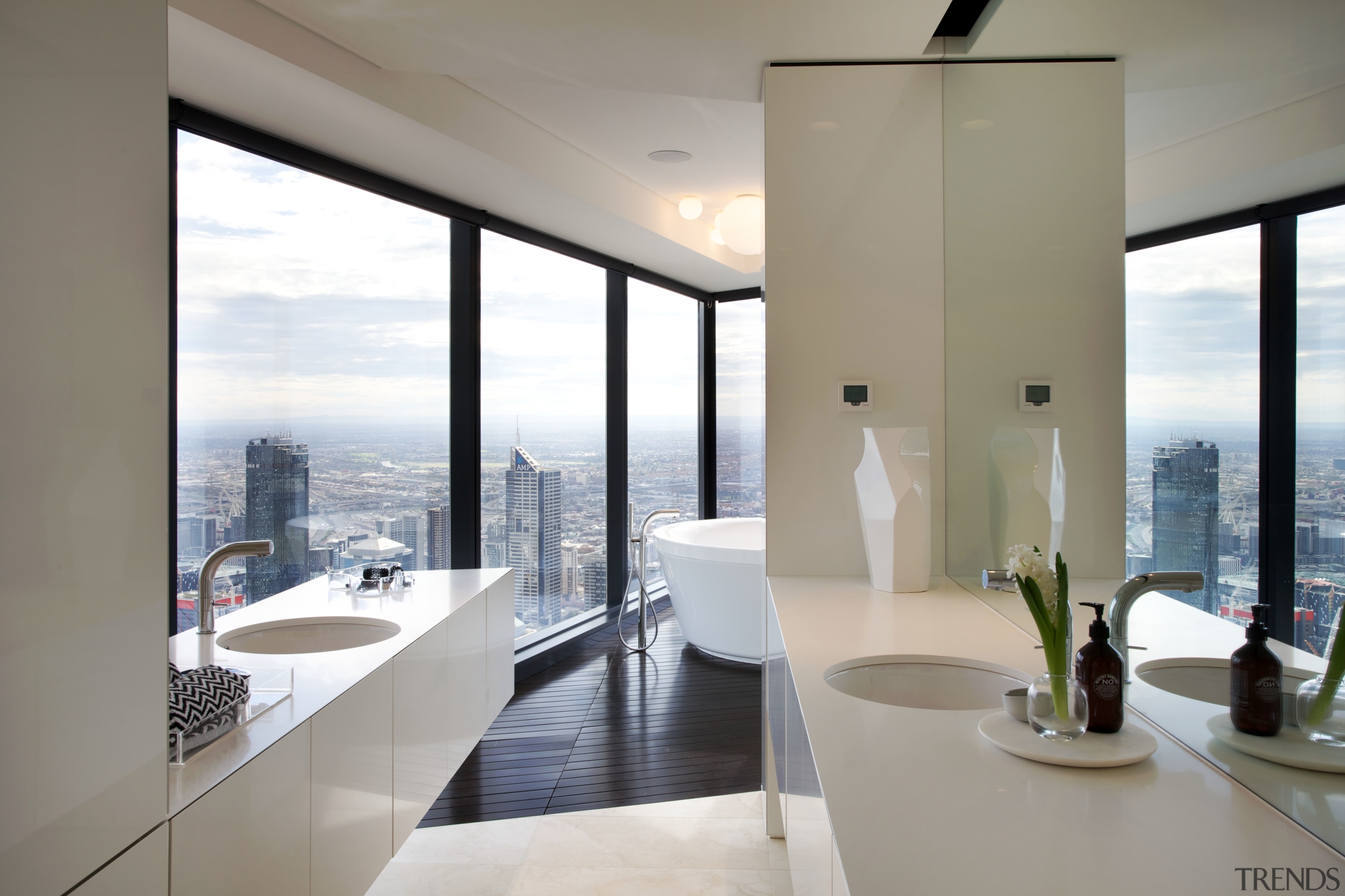 These two vanities are positioned to maximise a apartment, architecture, house, interior design, real estate, window, gray, white