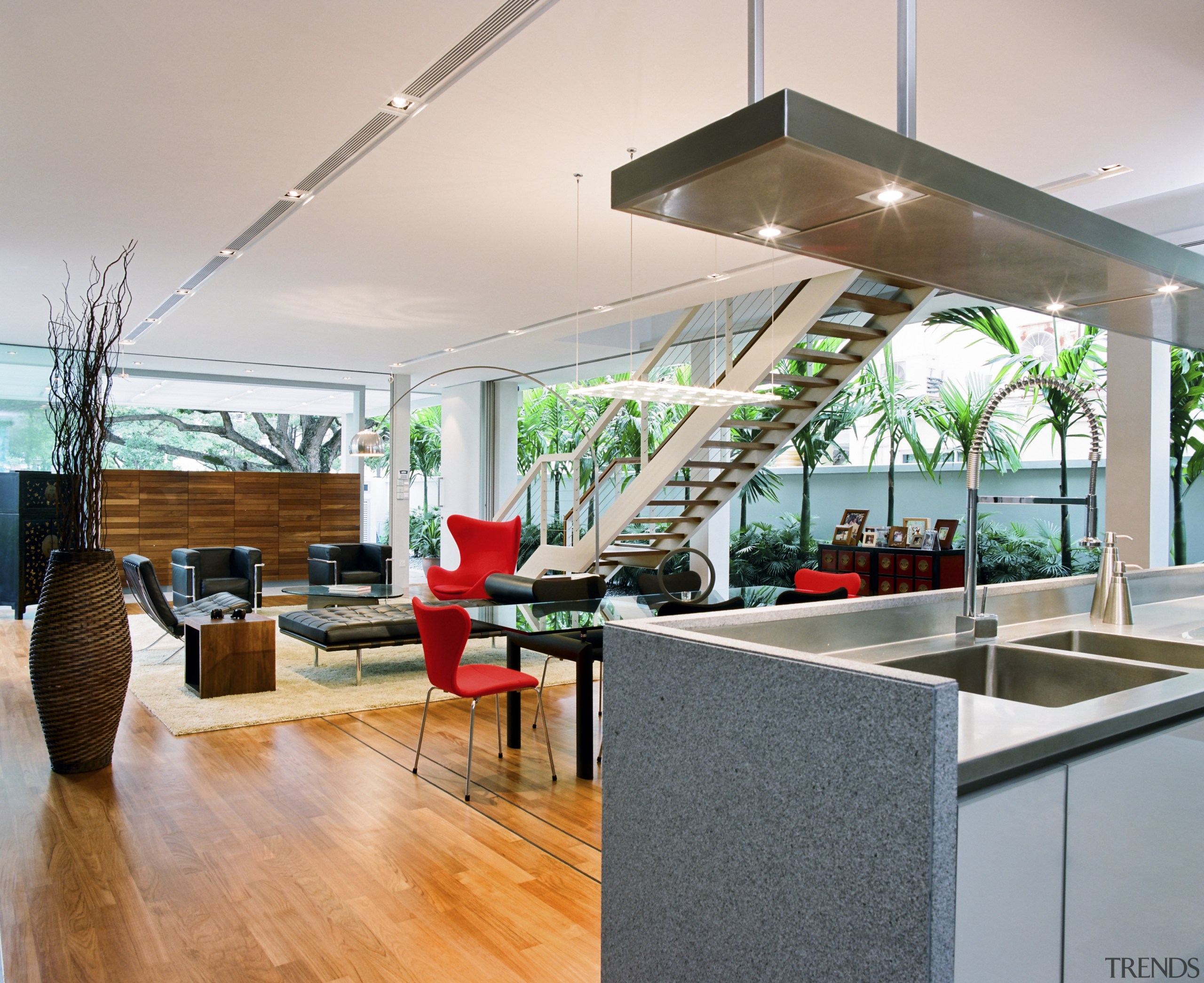 A teak-panelled shoe cabinet blocks the street from ceiling, house, interior design, real estate, gray