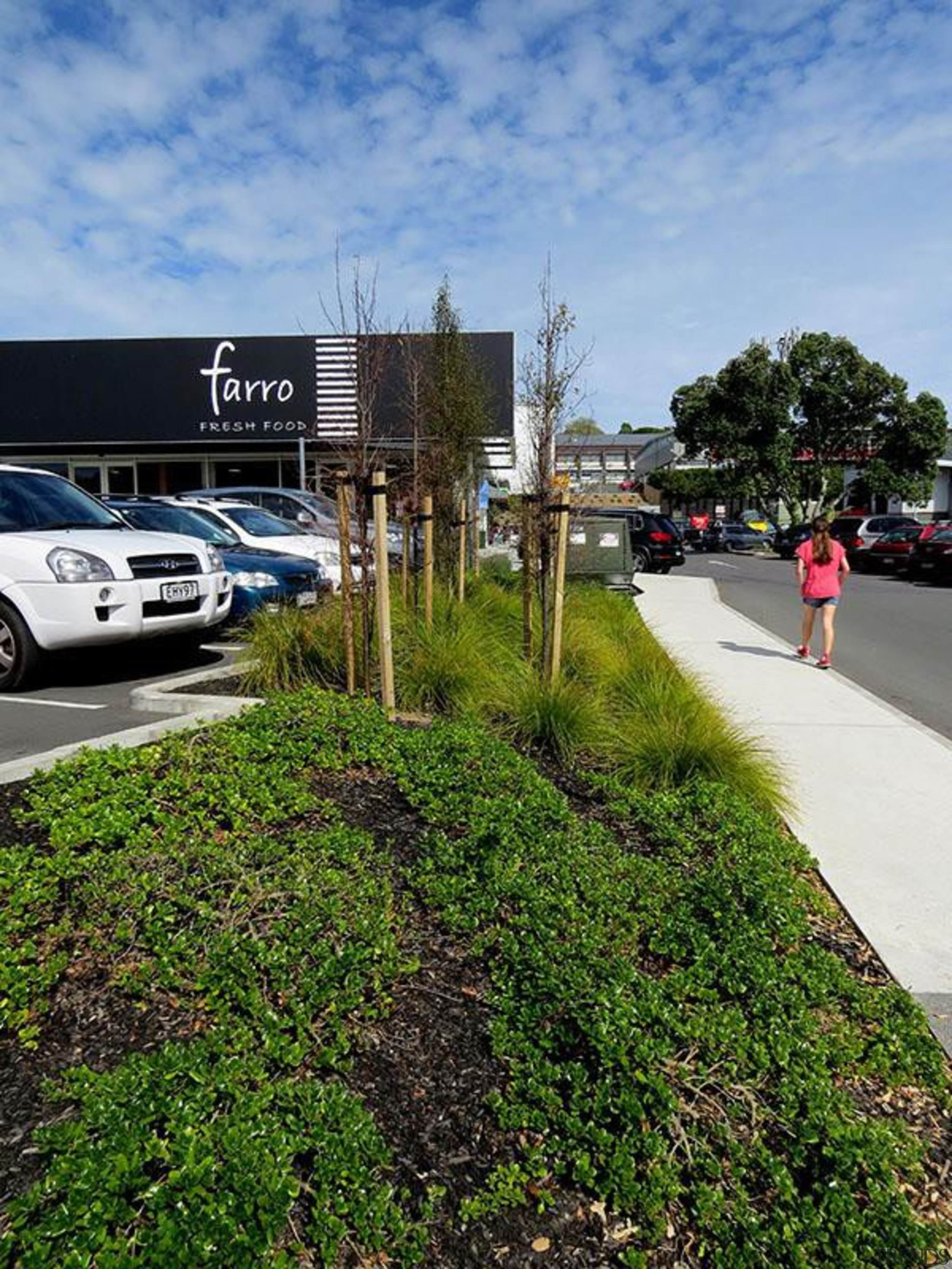 EXCELLENCE AWARDFarro Fresh Retail Development Grey Lynn (1 asphalt, car, grass, landscape, motor vehicle, parking, parking lot, plant, residential area, road, sky, tree, vehicle, teal