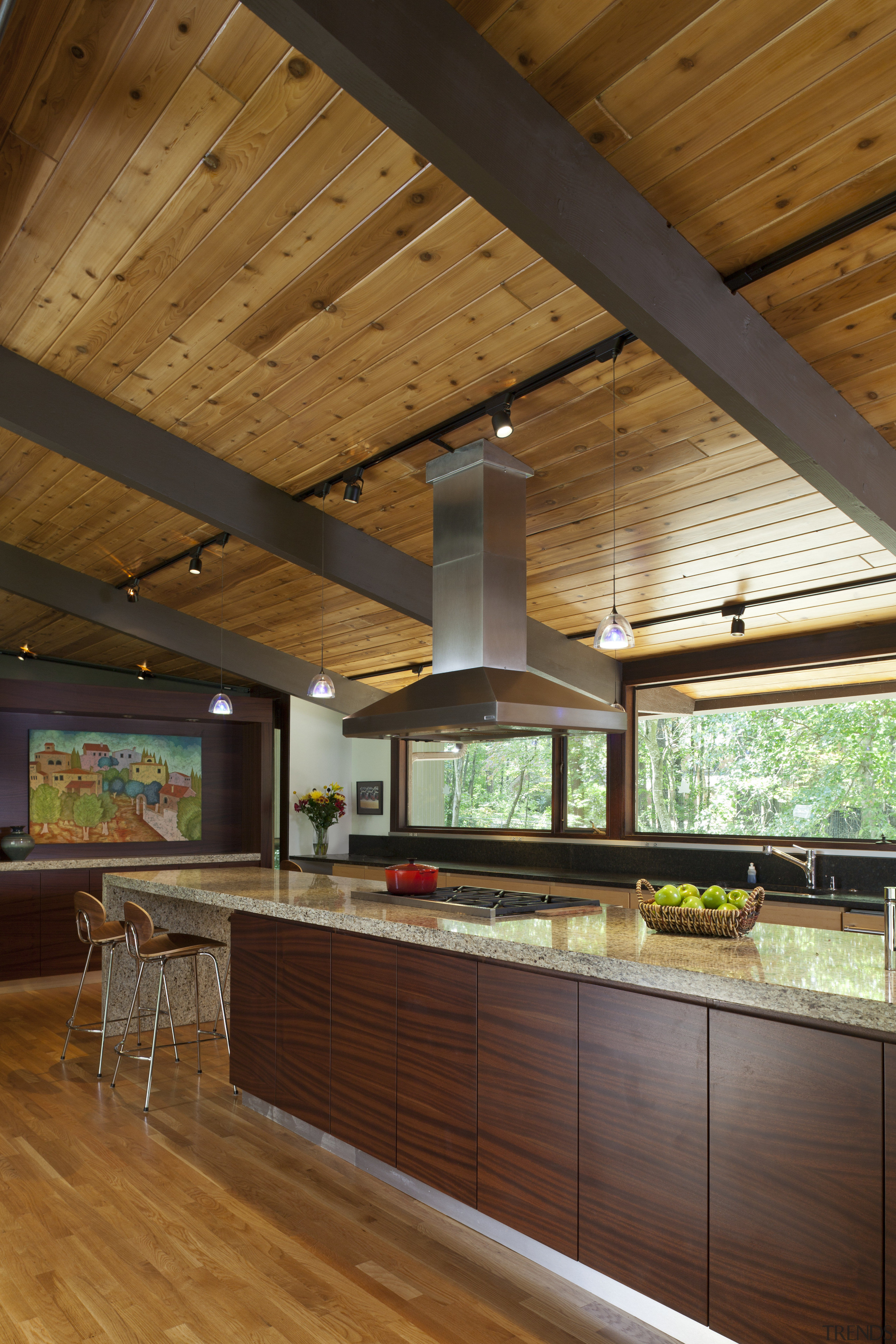 The new cabinetry in the kitchen of this architecture, beam, ceiling, countertop, daylighting, hardwood, house, interior design, kitchen, real estate, wood, brown