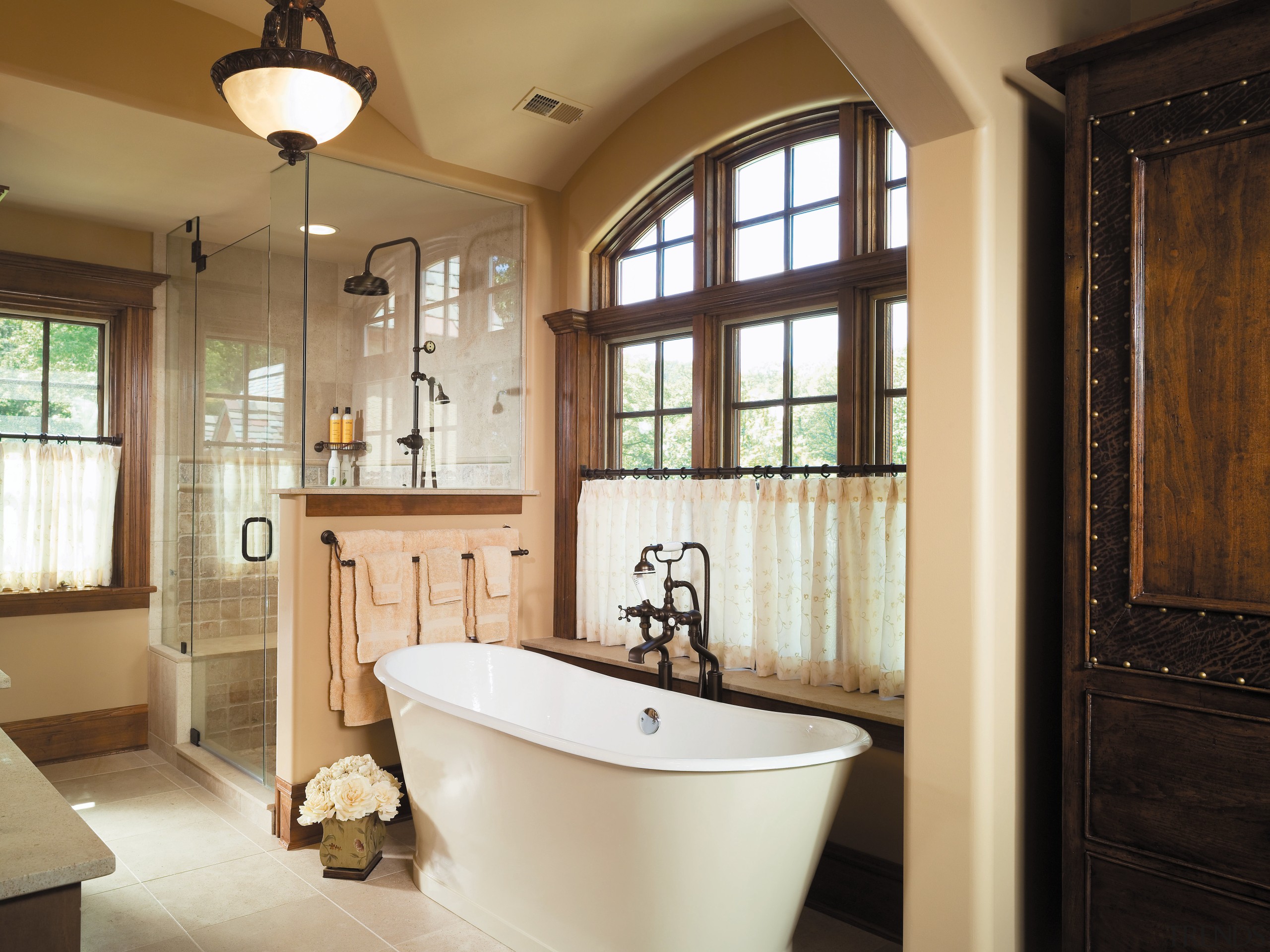 A view of a bathroom, white tub, tiled bathroom, estate, home, interior design, room, window, white, brown