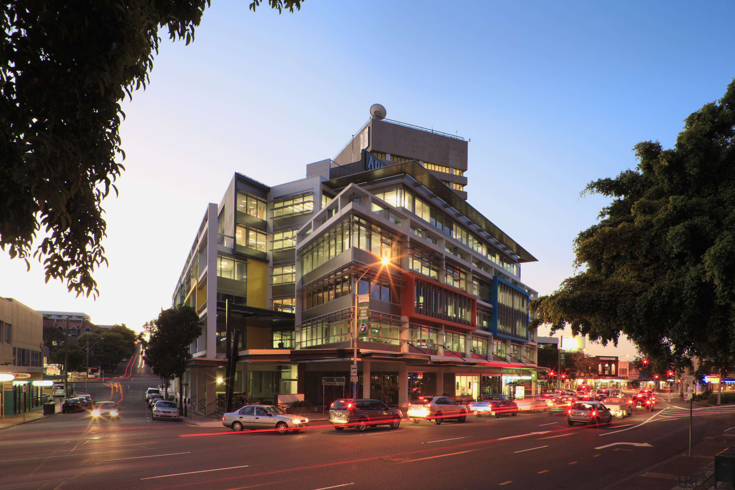 Image of the Centenary Square offices in Brisbane architecture, building, city, commercial building, condominium, downtown, evening, facade, home, hotel, house, infrastructure, landmark, metropolis, metropolitan area, mixed use, neighbourhood, night, real estate, residential area, sky, street, town, tree, urban area, black