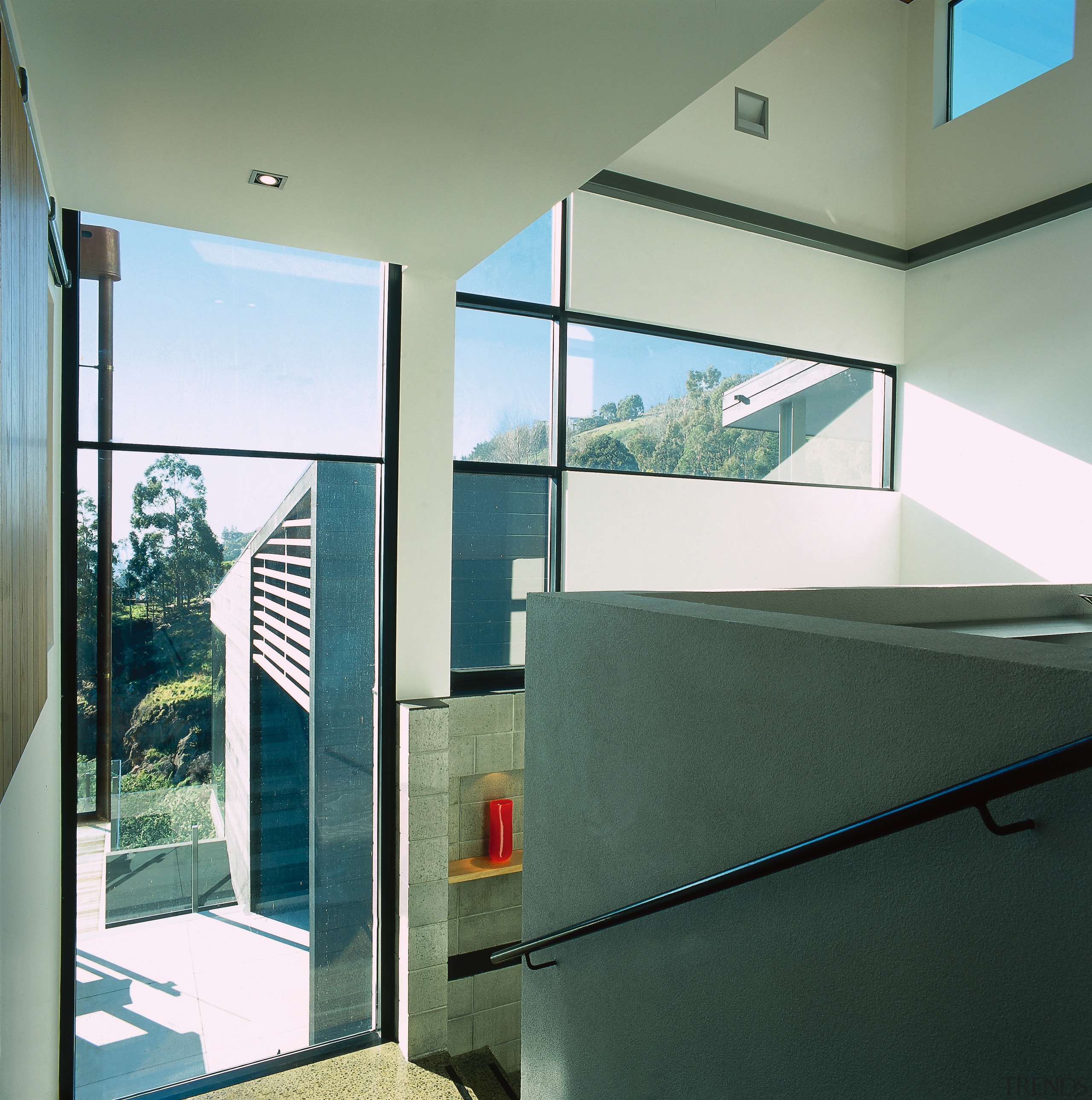 View of the glazed stairway, many paneled windows, architecture, condominium, daylighting, door, facade, glass, handrail, house, interior design, property, real estate, stairs, window, green