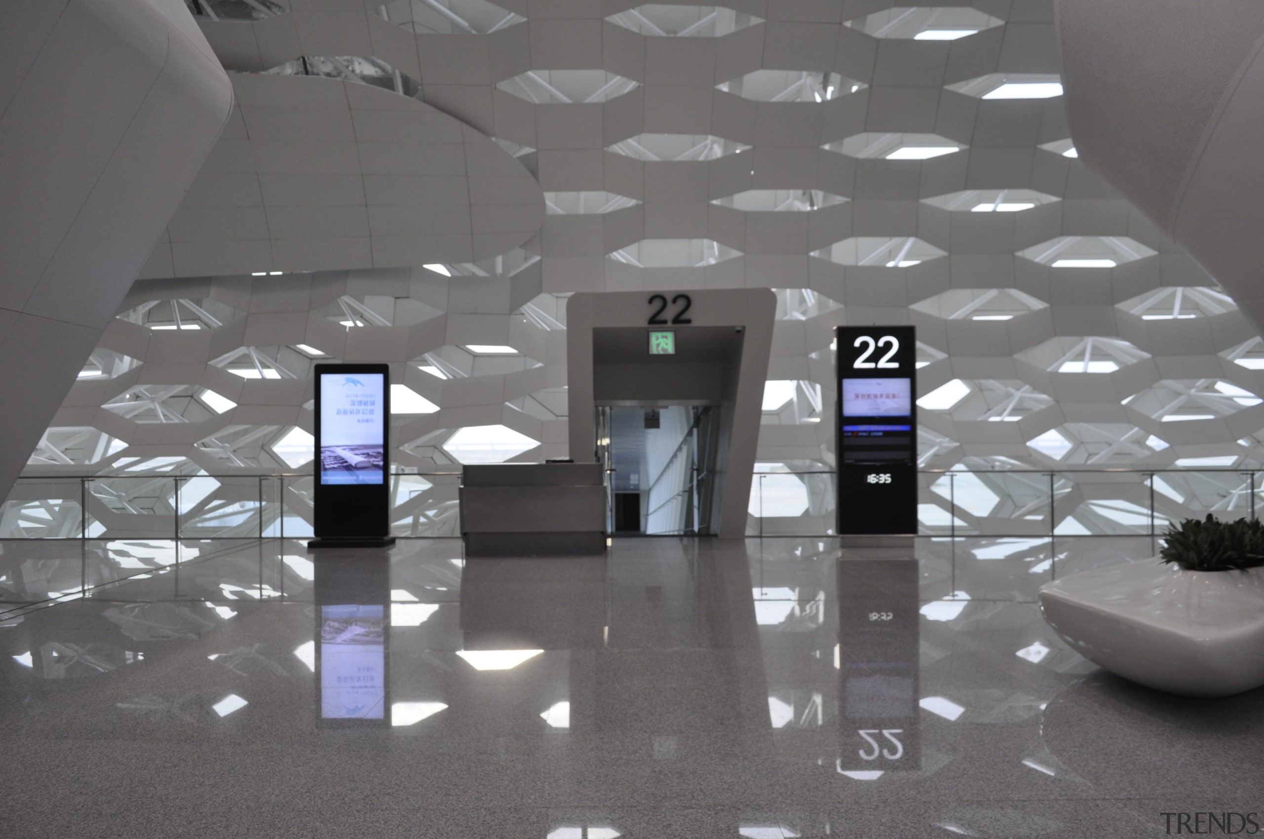 Looking much like a giant sculpture from both architecture, ceiling, daylighting, design, floor, glass, interior design, product design, gray