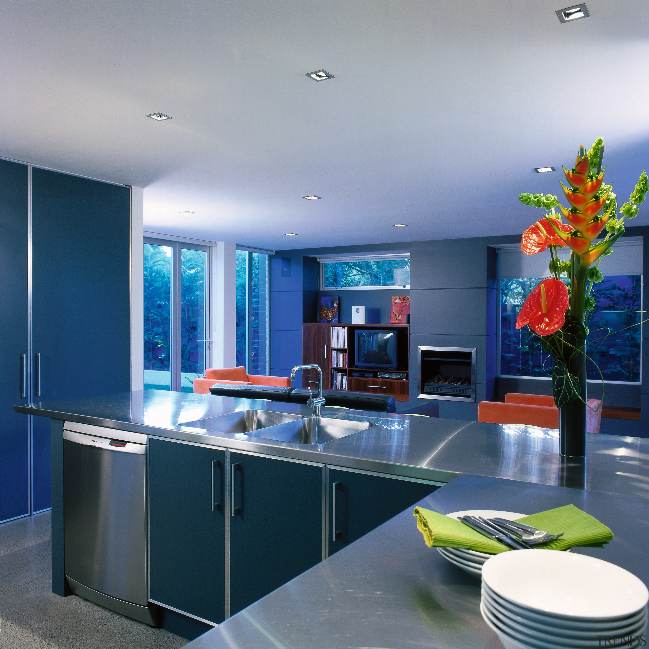 A colourful kitchen overlooking the lounge area - ceiling, countertop, interior design, kitchen, room, gray, blue