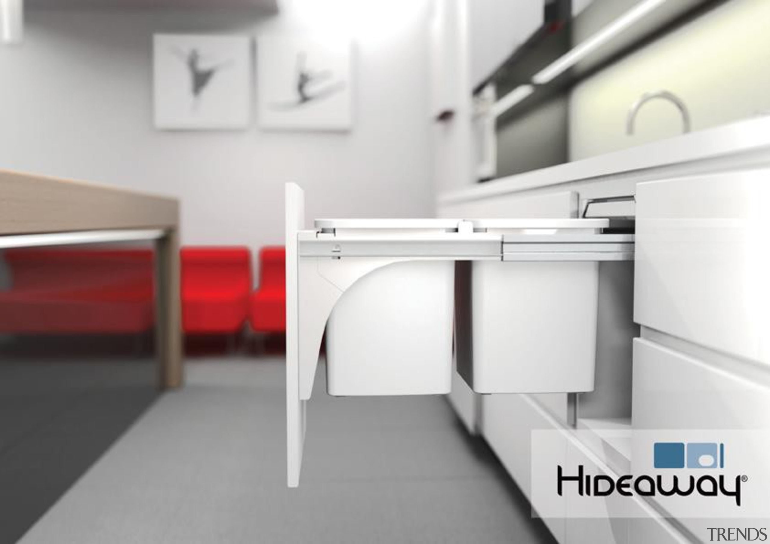 Using a double 15L Hideaway Bin such as floor, furniture, office, product, white