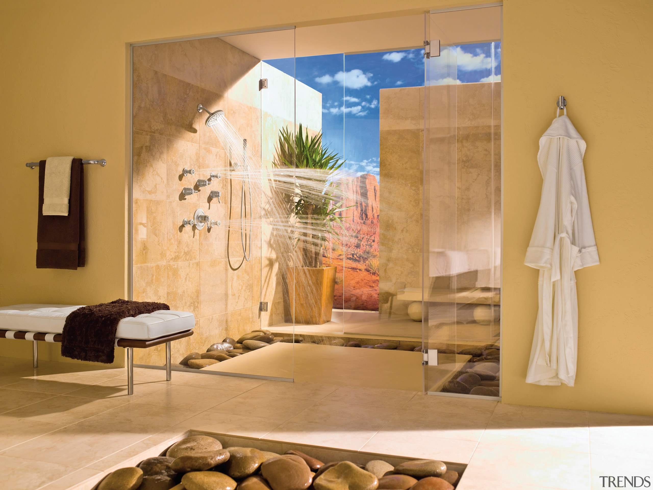 View of a bathroom which features bathroomware from door, furniture, interior design, window, orange