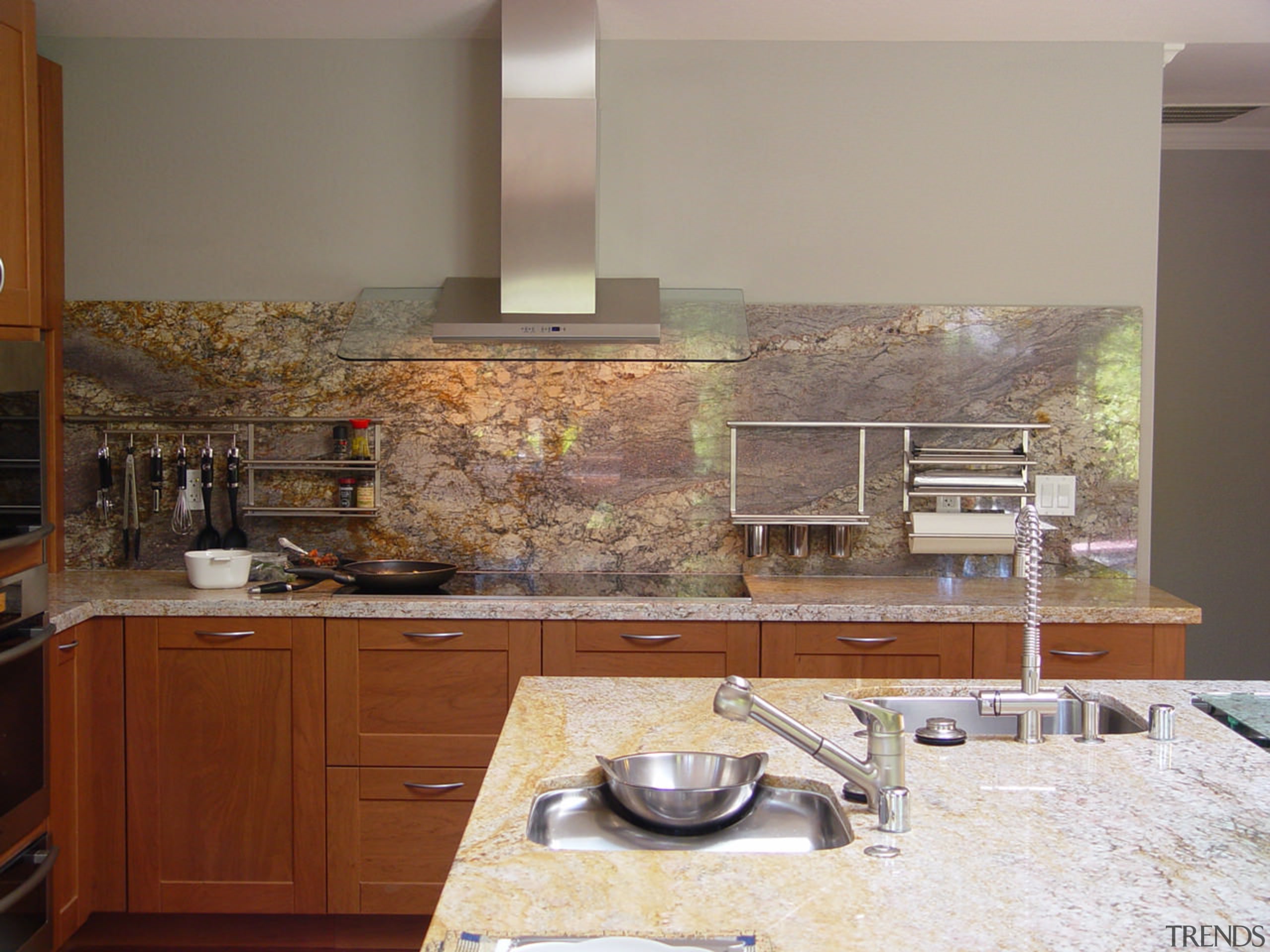 Marble bench top contemporary kitchen - Marble bench cabinetry, countertop, cuisine classique, flooring, interior design, kitchen, room, under cabinet lighting, wall, gray, brown