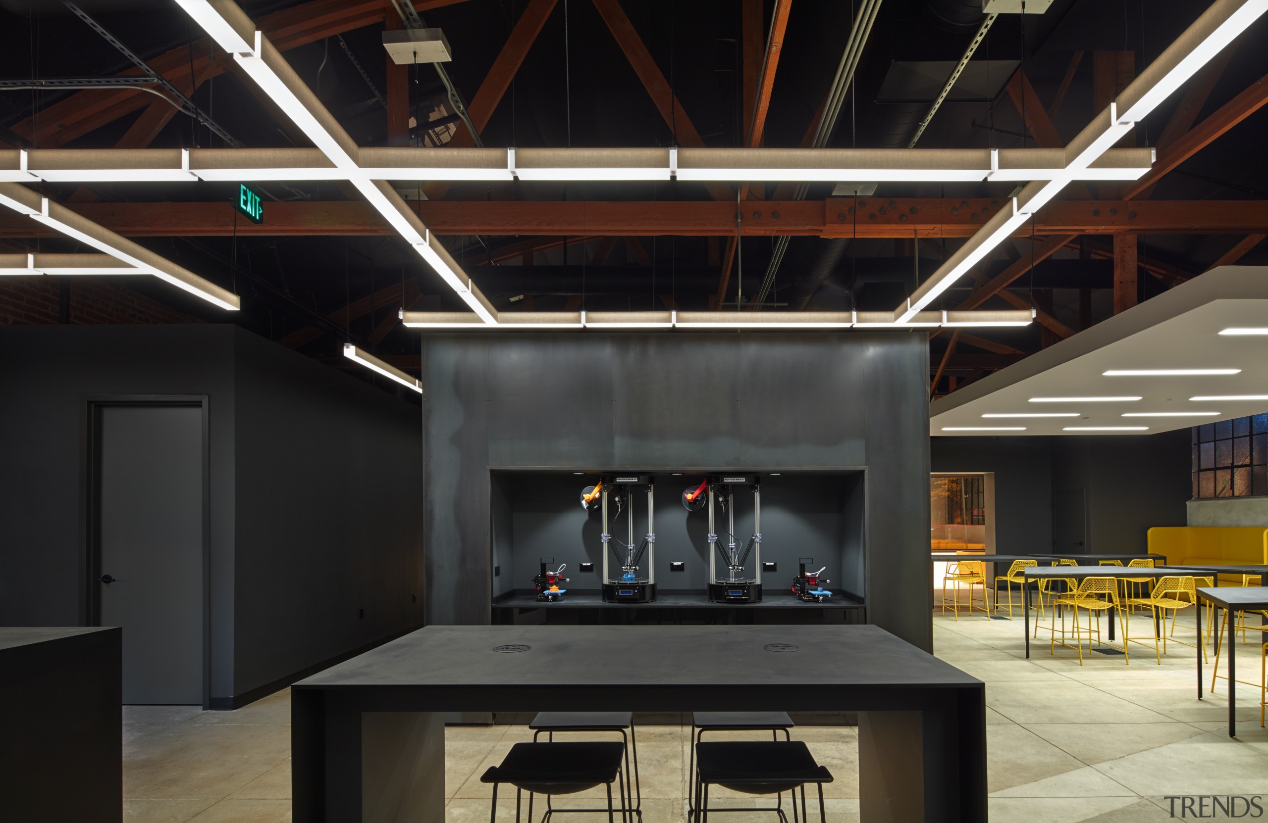 The dark and moody setting at Supplyframe DesignLab architecture, ceiling, daylighting, interior design, black