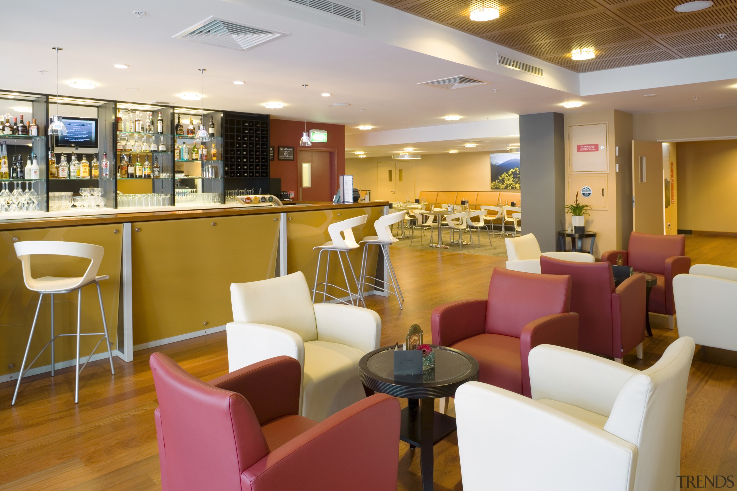 The contemporary upmarket fit-out reflects the stringent quality café, cafeteria, interior design, lobby, restaurant, white, brown