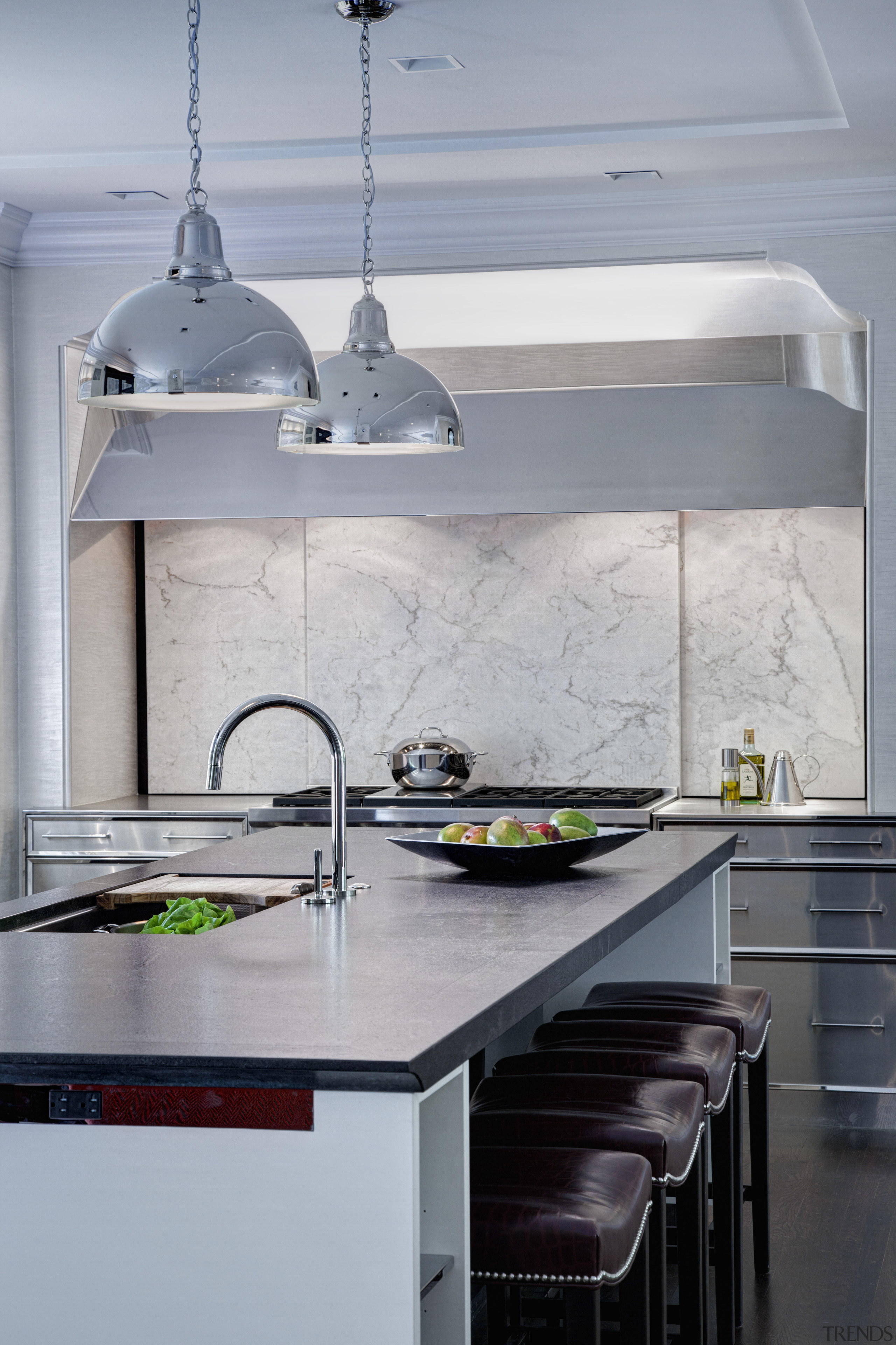 This Mick De Giulio  kitchen responds to ceiling, countertop, interior design, kitchen, kitchen stove, light fixture, product design, room, gray