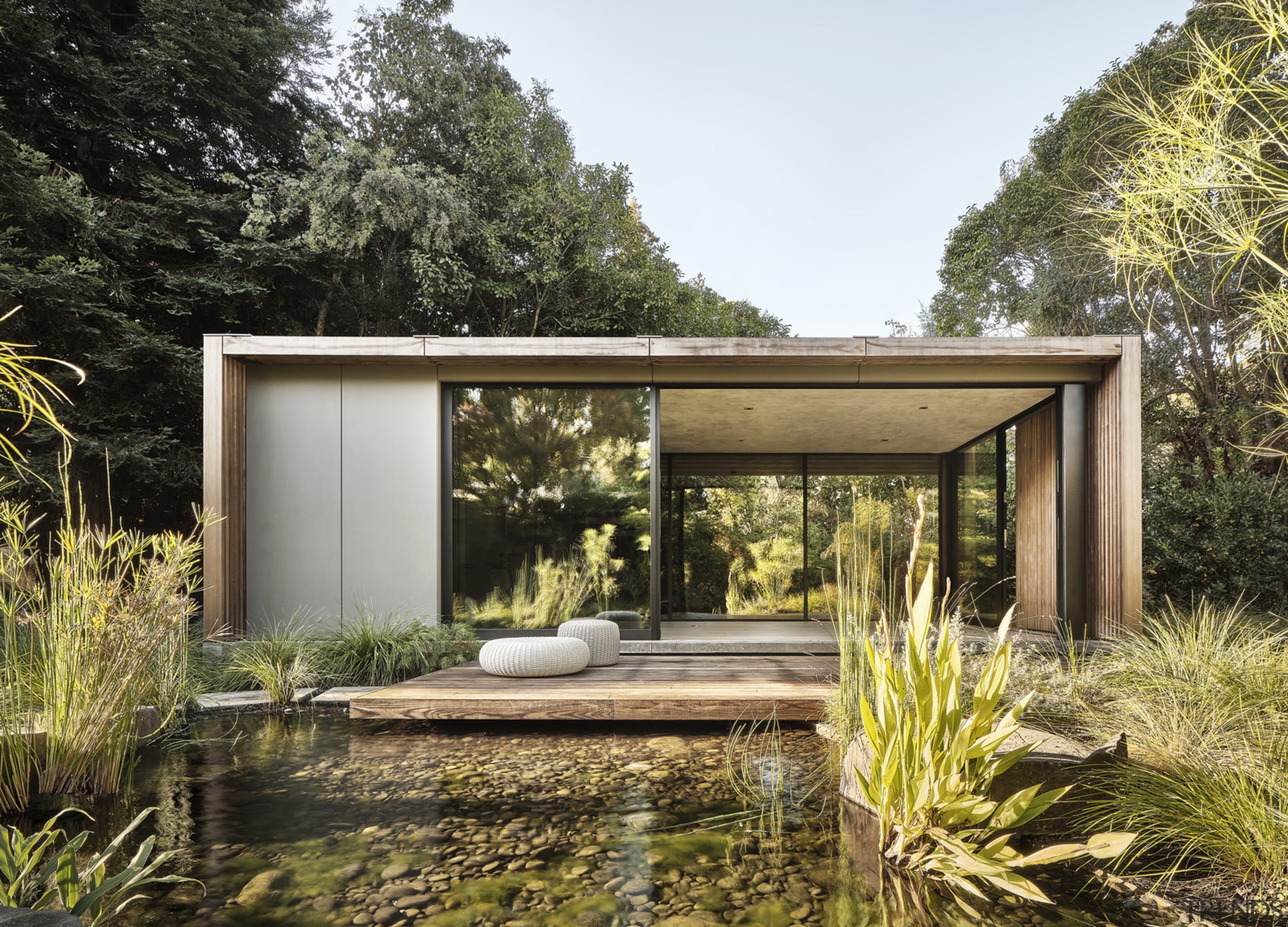 The meditation pavilion looks peacefully at home in 