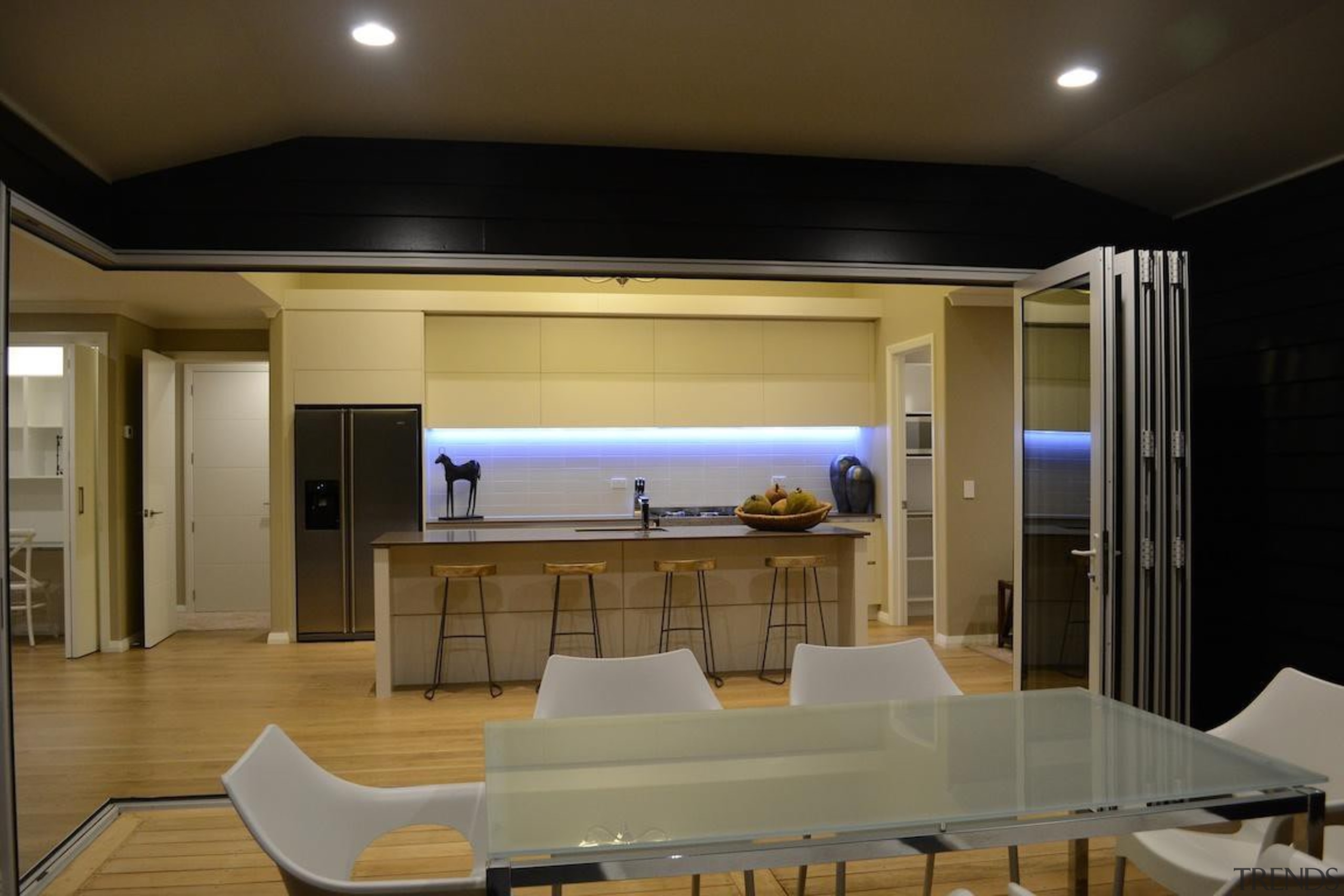 Loggia outdoor living space which connects with the architecture, ceiling, house, interior design, lighting, real estate, table, brown