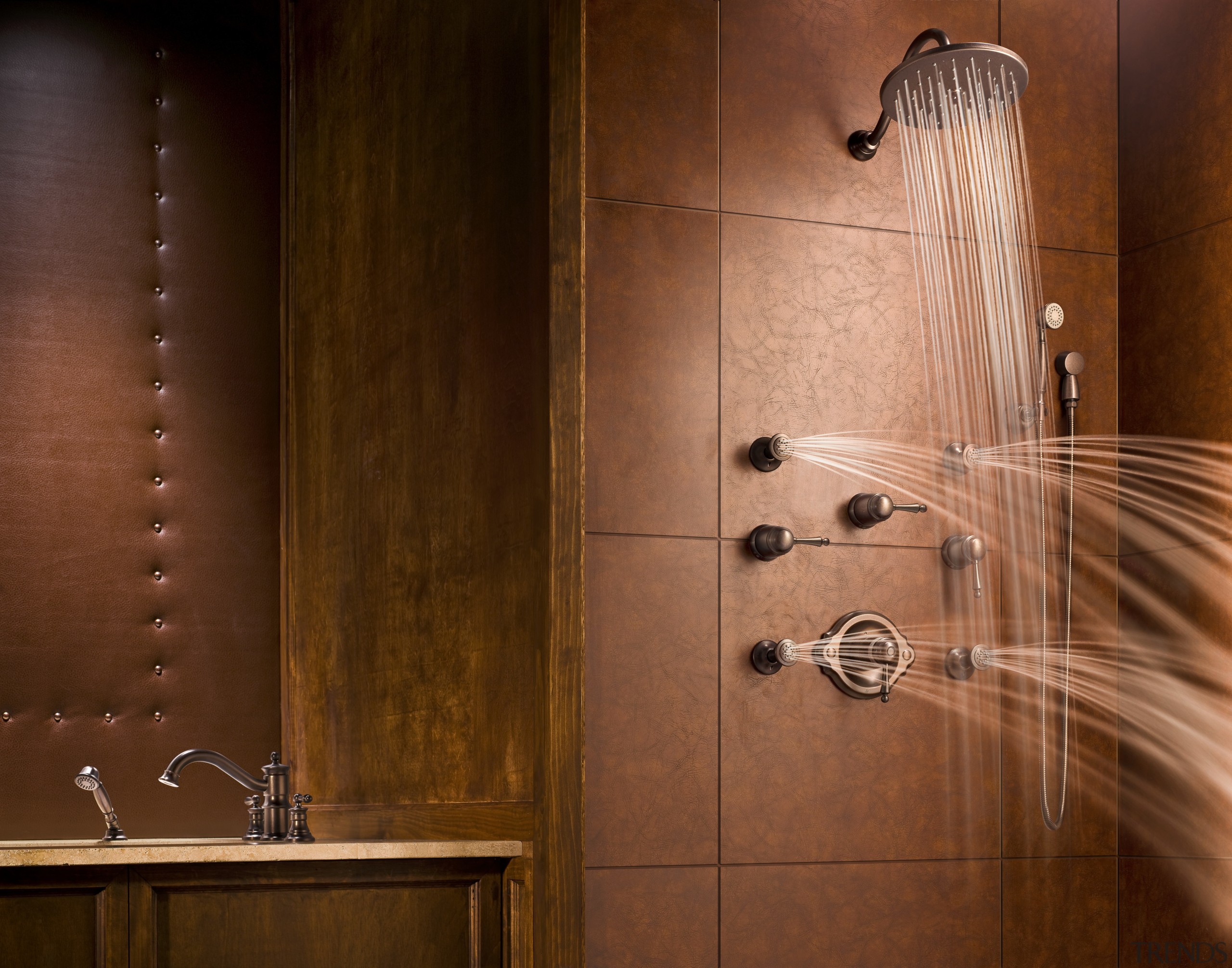 View of the ExactTemp showerheads available from ShowHouse. bathroom, floor, flooring, interior design, lighting, plumbing fixture, room, tile, wall, wood, wood stain, brown