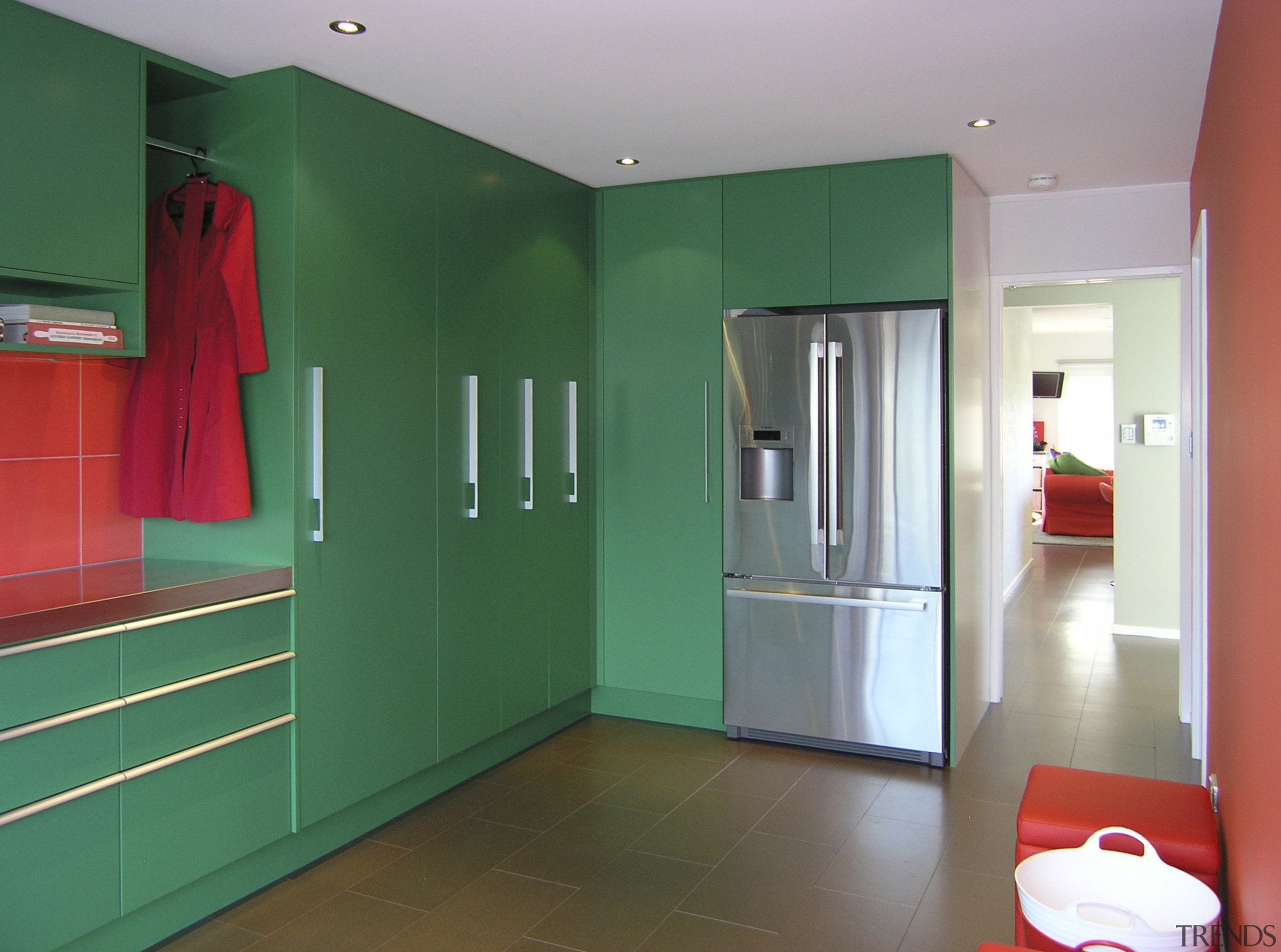 Green kitchen with Red. - Green kitchen with architecture, ceiling, door, floor, home, house, interior design, property, real estate, room, wall, teal, gray