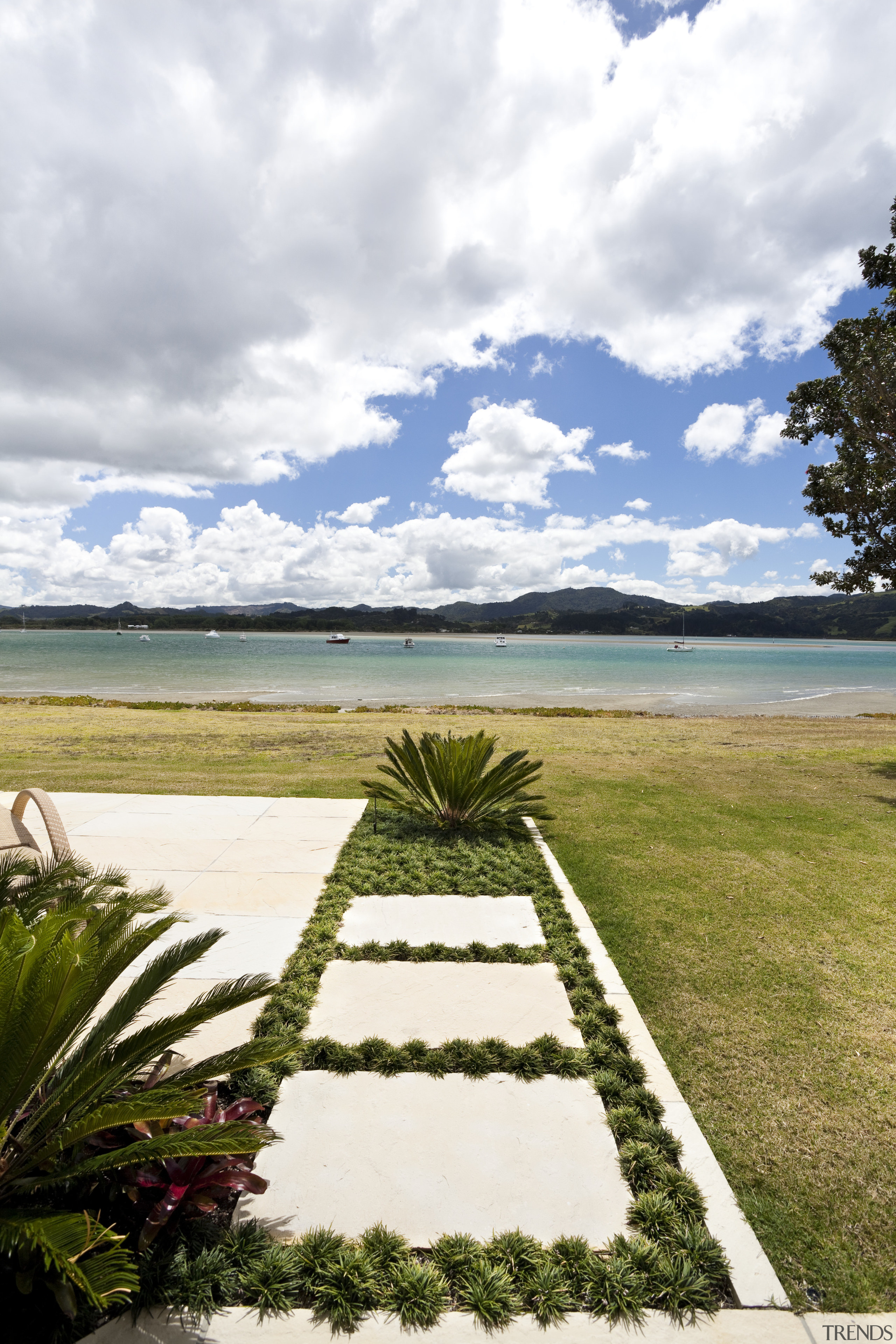 View of pool and patio area of contemporary arecales, cloud, grass, landscape, palm tree, sea, shore, sky, tree, tropics, vacation, water, white