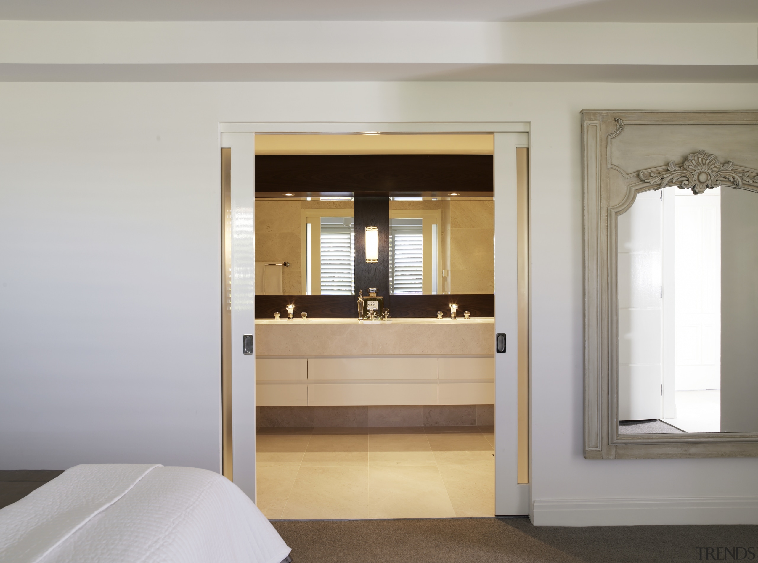 Image of the master ensuite which features marble door, interior design, gray