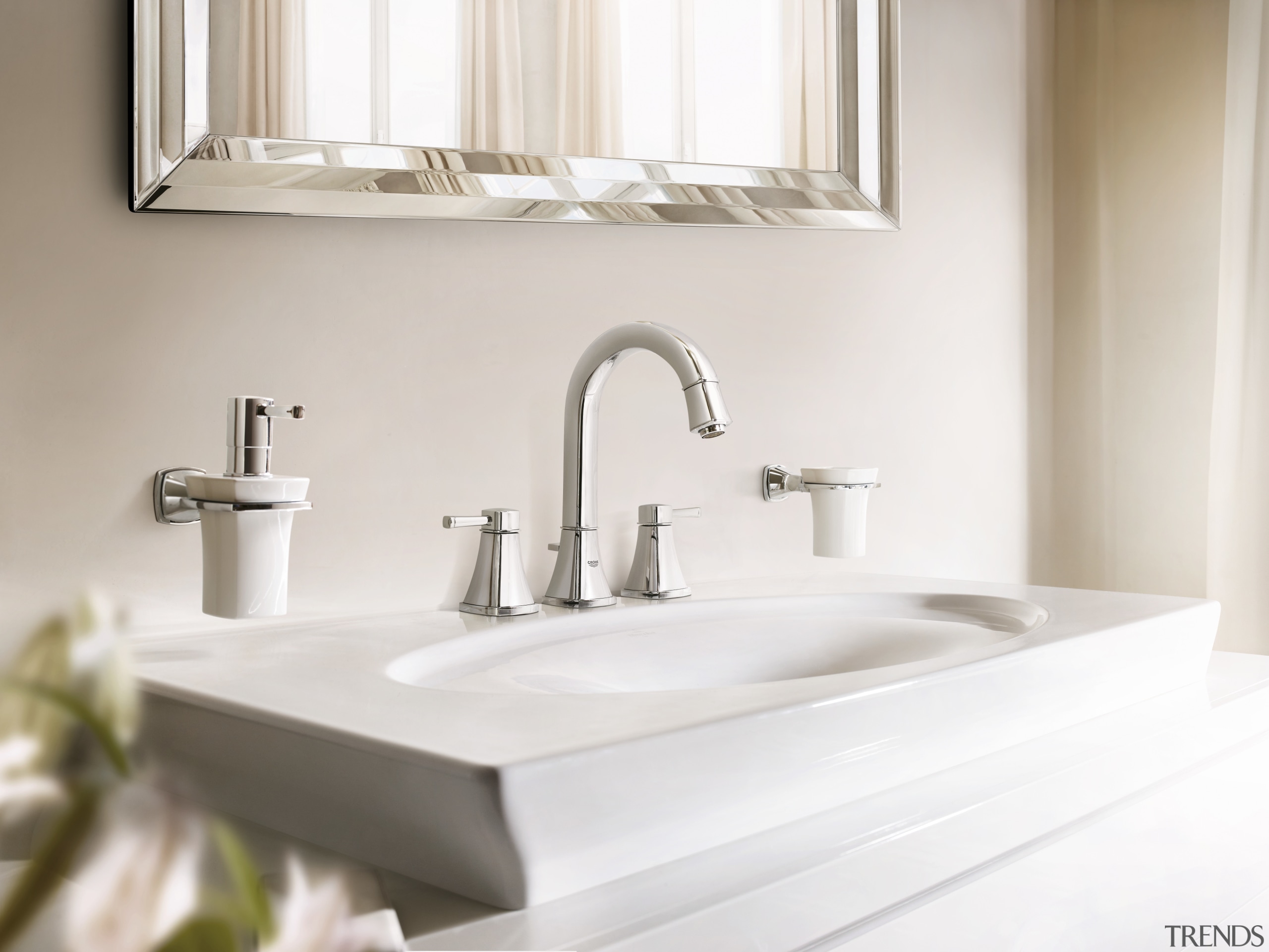 the new Grandera collection from Grohe merges square bathroom, bathroom accessory, bathroom sink, ceramic, countertop, interior design, plumbing fixture, product design, sink, tap, white