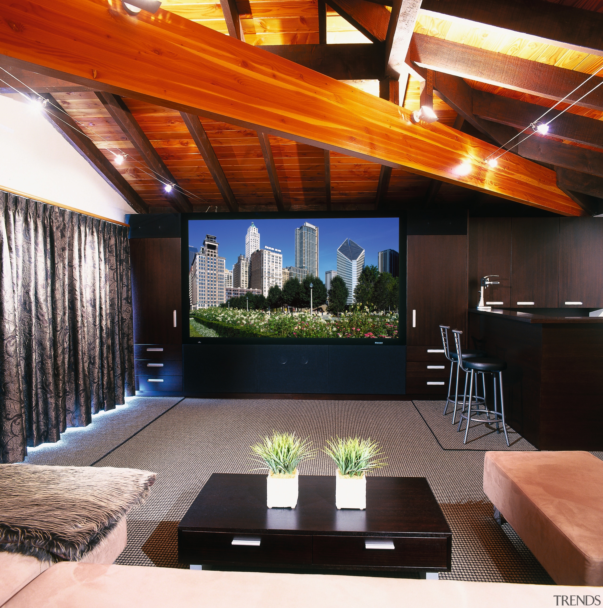 view of the home theatre area with subwoofers, ceiling, interior design, living room, property, real estate, black