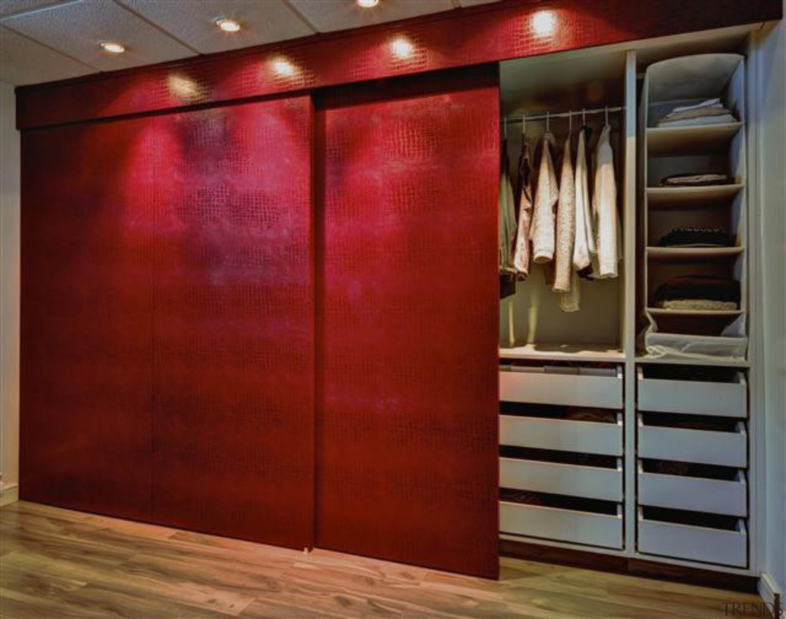 Create instant memories with EcoDomo leathers and belt cabinetry, closet, cupboard, door, floor, furniture, interior design, room, wall, wardrobe, wood stain, red