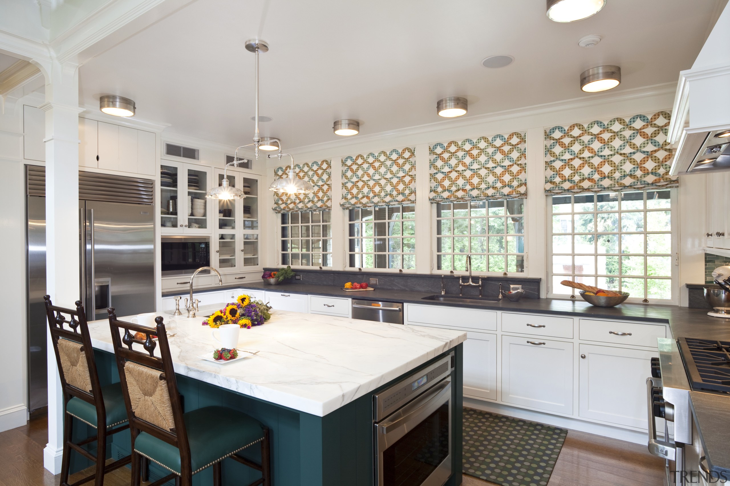View of kitchen with dark turquoise island, colorful cabinetry, ceiling, countertop, cuisine classique, interior design, kitchen, real estate, room, gray