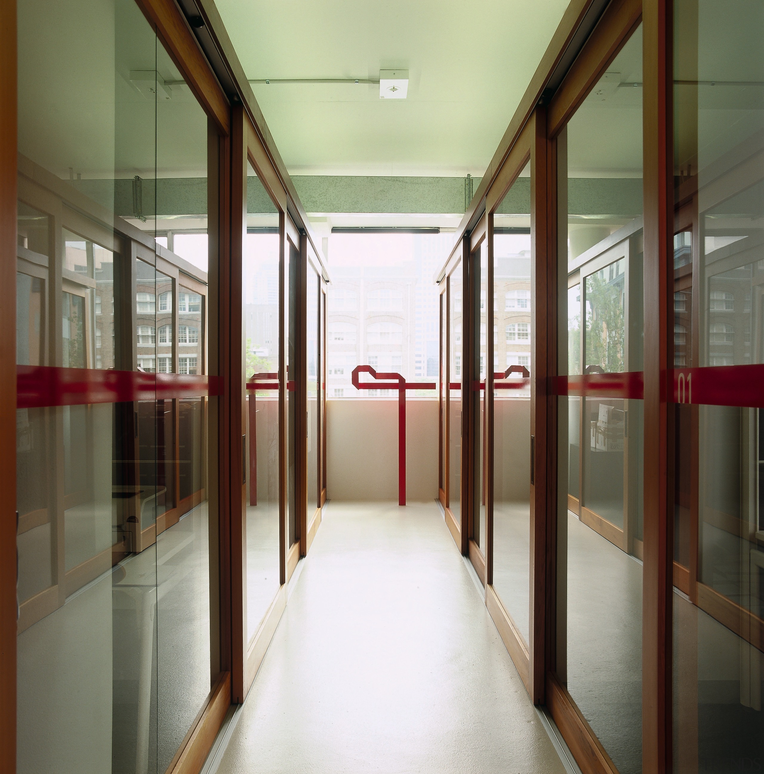 View of a hallway, white floor, glass screens architecture, door, glass, interior design, window, brown