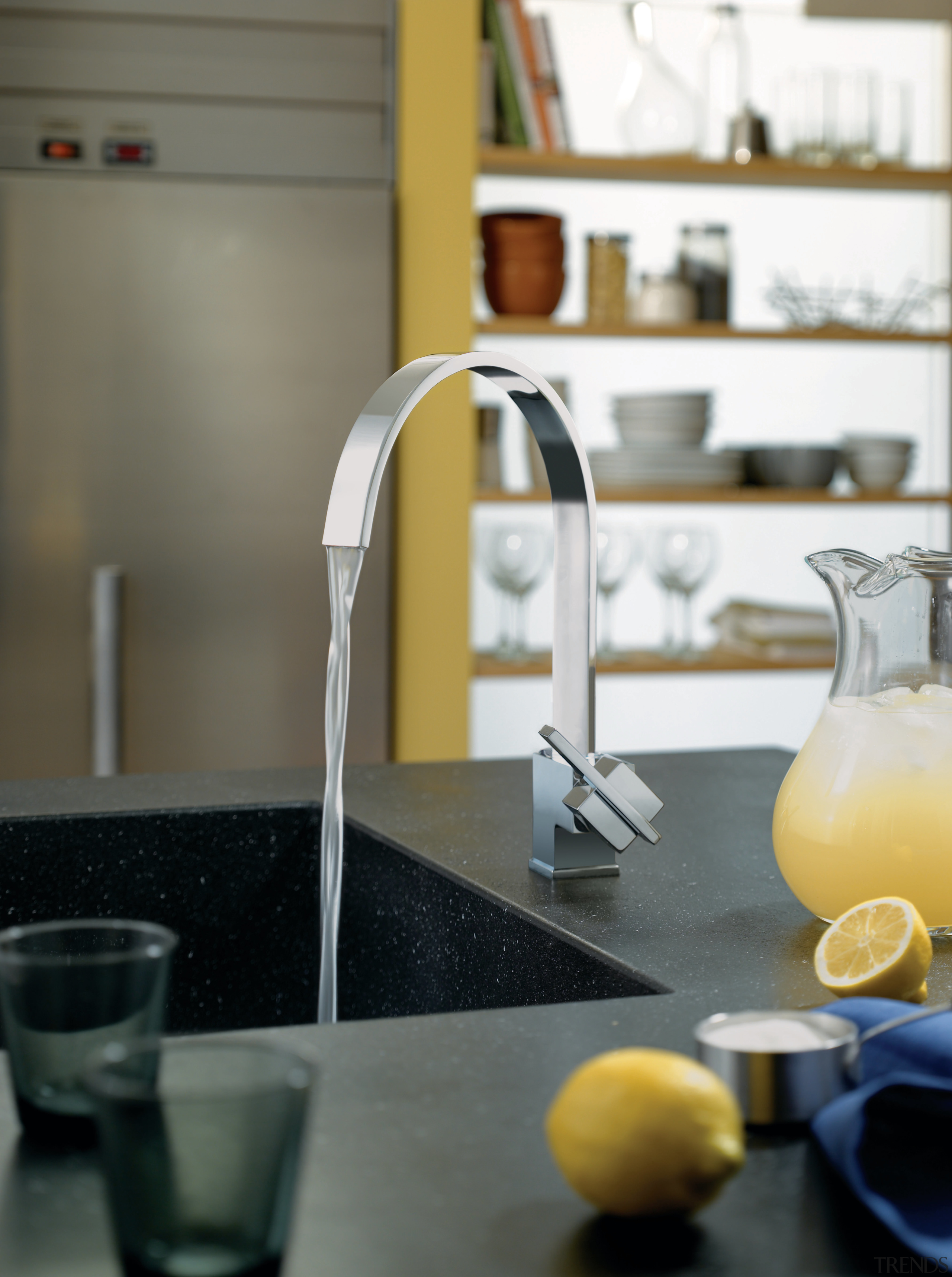 View of a kitchen which features faucets from countertop, glass, interior design, kitchen, product design, table, tap, yellow, gray
