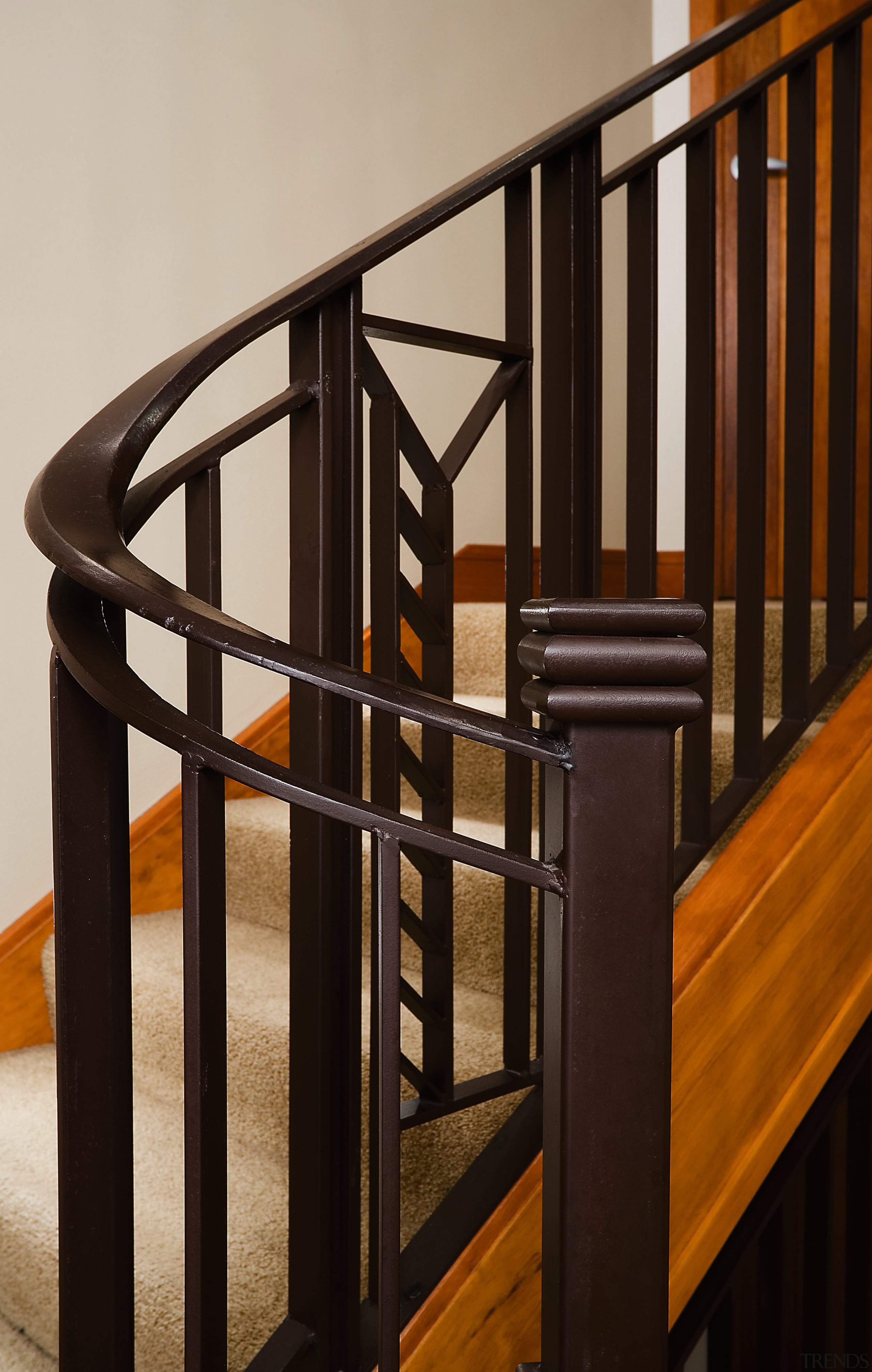 A view of a staircase from Knob's &amp; baluster, furniture, glass, guard rail, handrail, iron, stairs, black