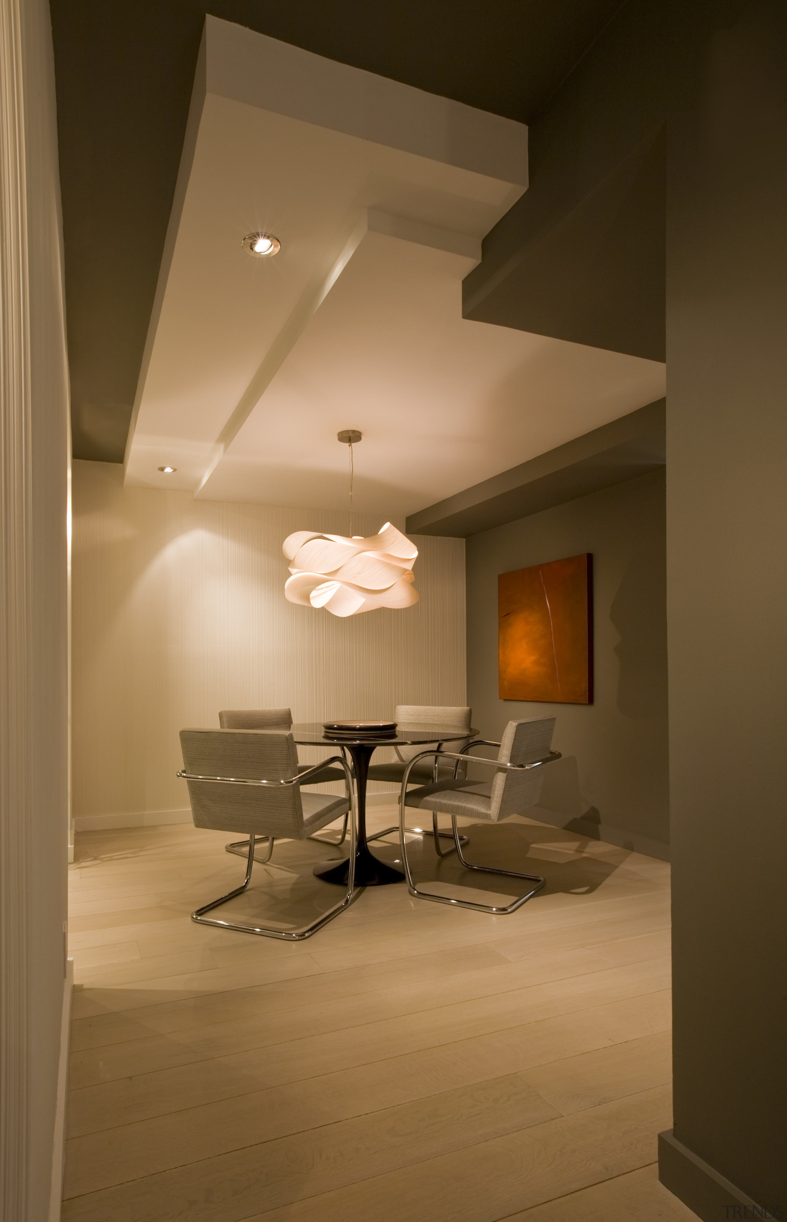 This home was remodeled by Forma Inc. A architecture, ceiling, daylighting, floor, flooring, home, house, interior design, light fixture, lighting, room, table, wall, brown
