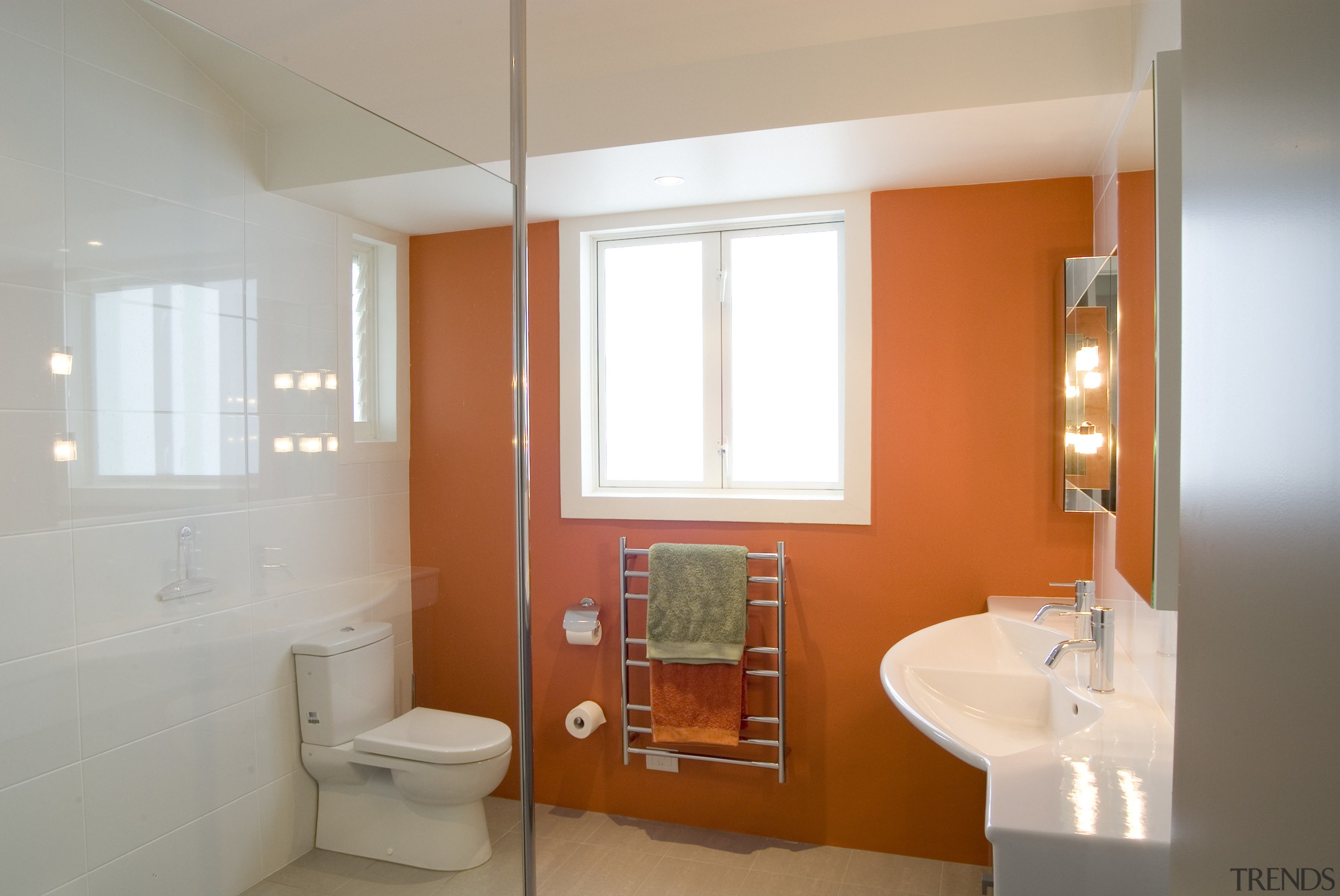 Shades such as Resene Rose of Sharon make bathroom, bathroom accessory, ceiling, floor, home, house, interior design, plumbing fixture, real estate, room, window, gray, brown