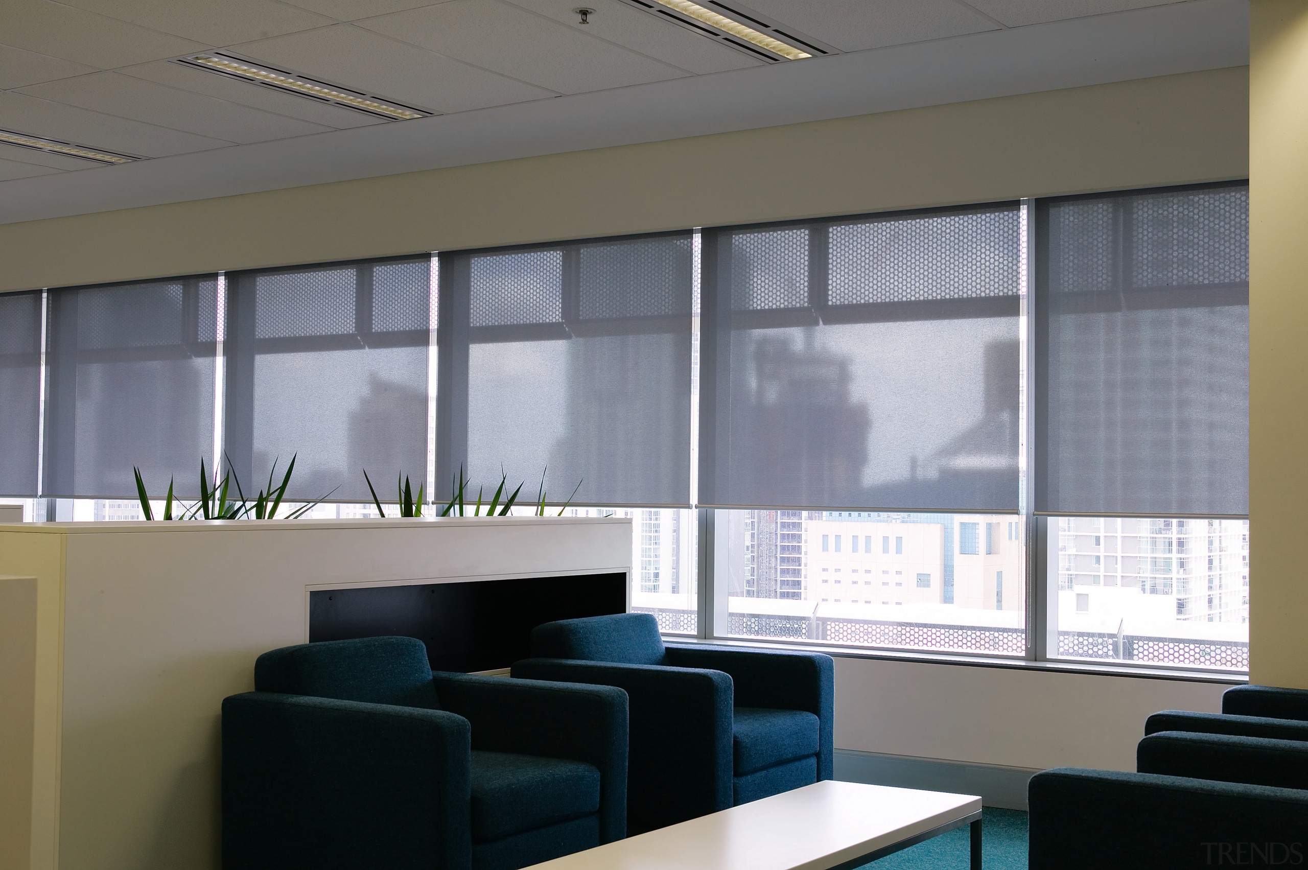 A view of the metalised black blinds installed conference hall, daylighting, glass, interior design, office, shade, window, window blind, window covering, window treatment, gray