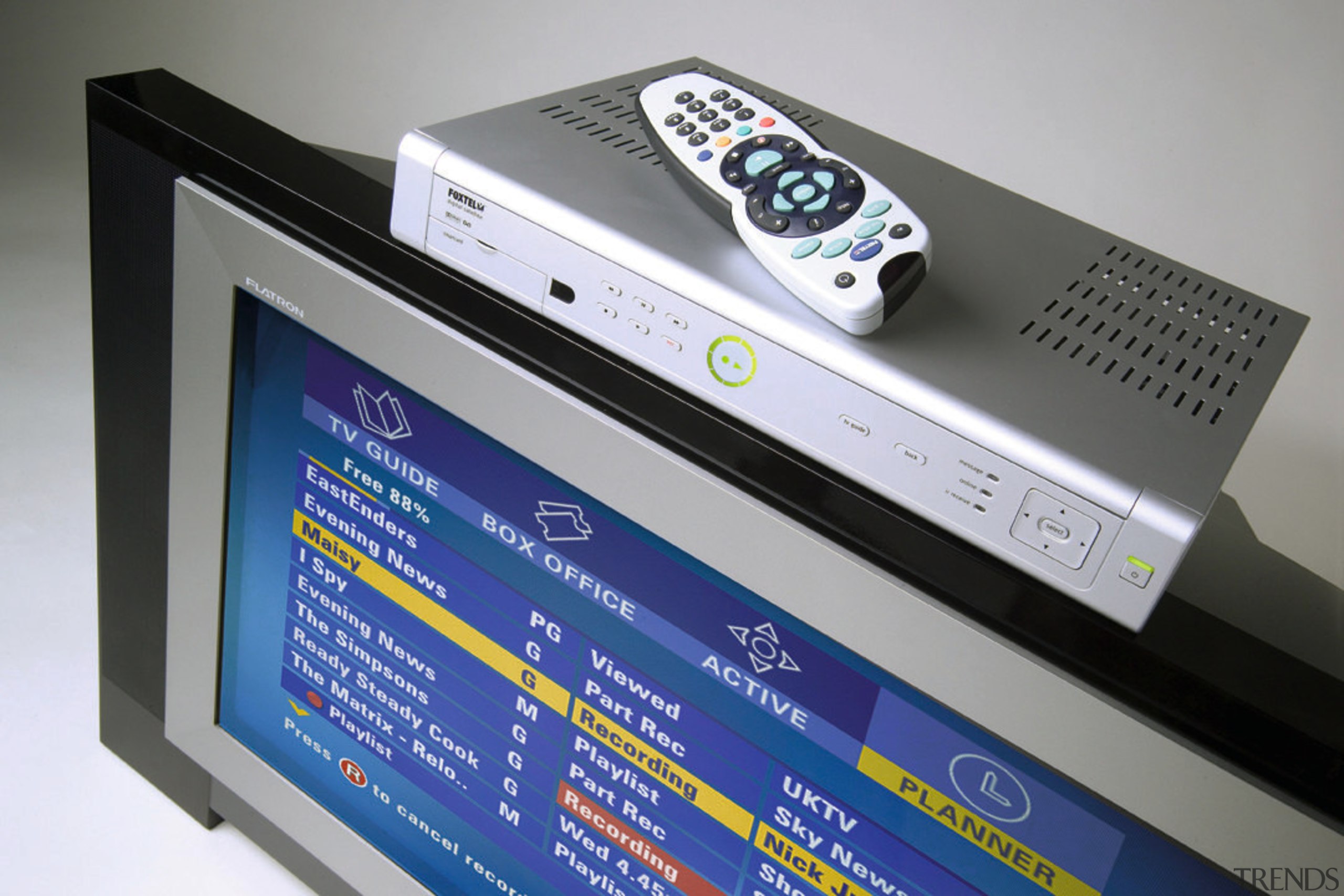 View of Foxtel digital recorder with Foxtel Digital display device, electronics, multimedia, product, product design, technology, gray