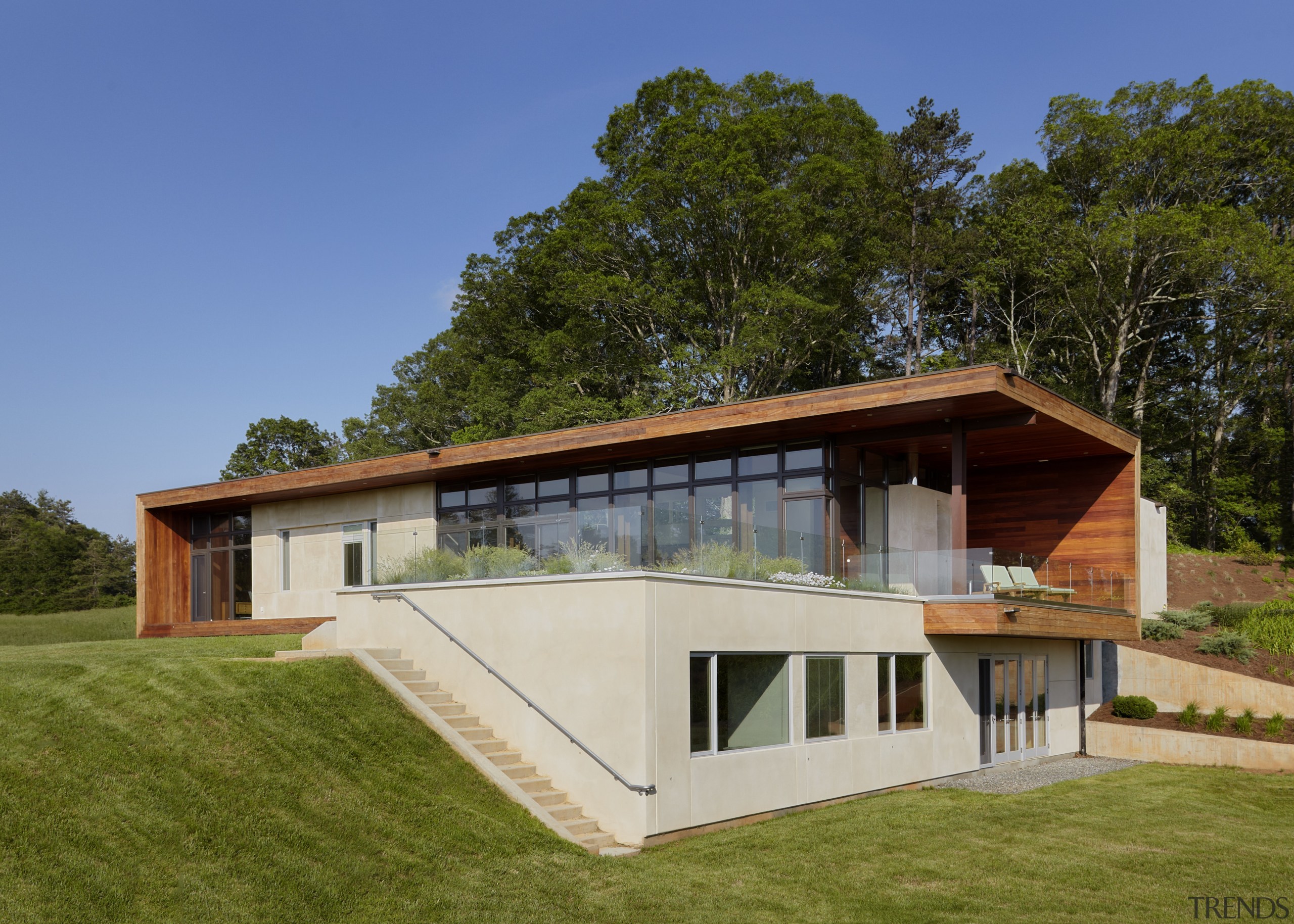 Exterior of house with rusted corten steel. Sustainable architecture, cottage, facade, farmhouse, home, house, property, real estate, roof, villa, brown