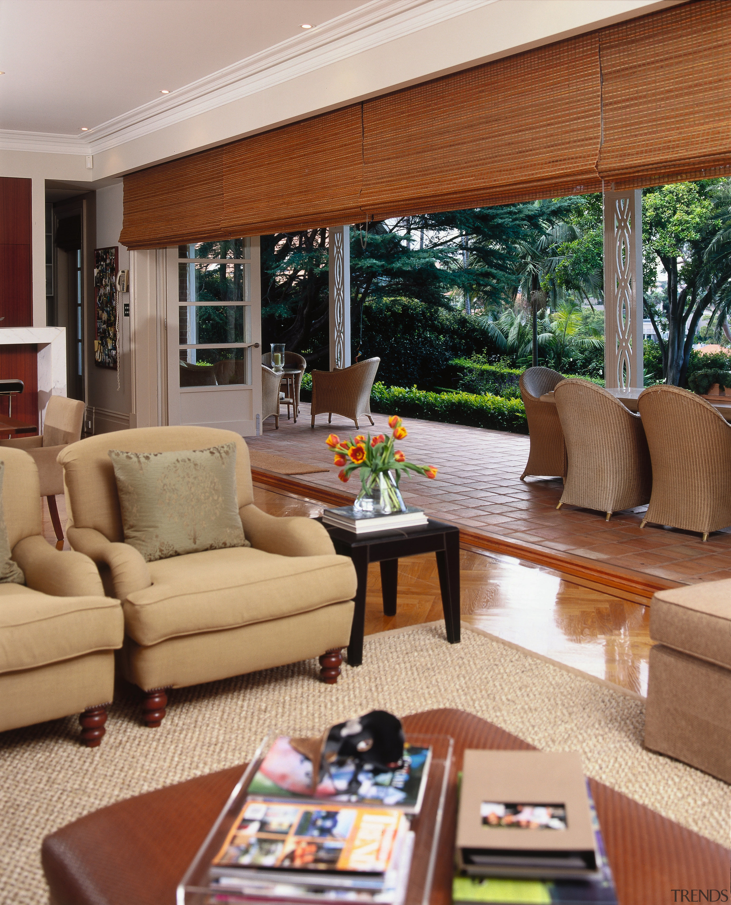 tone, materials and detailing draw disparate areas together, furniture, home, interior design, living room, room, window, wood, brown