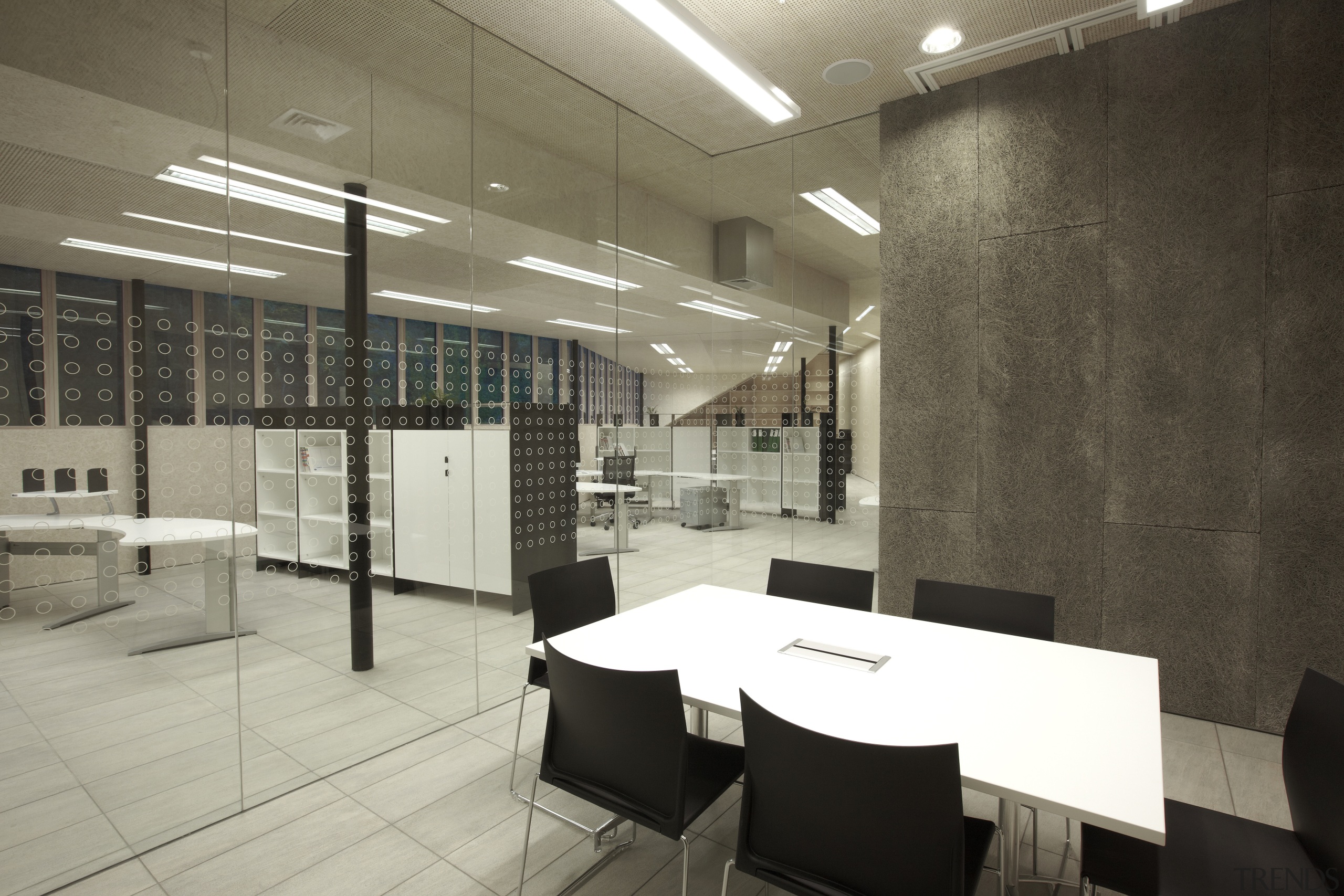 View of DOC building with neutral toned interior architecture, ceiling, daylighting, floor, flooring, interior design, lobby, real estate, wall, brown, black, white