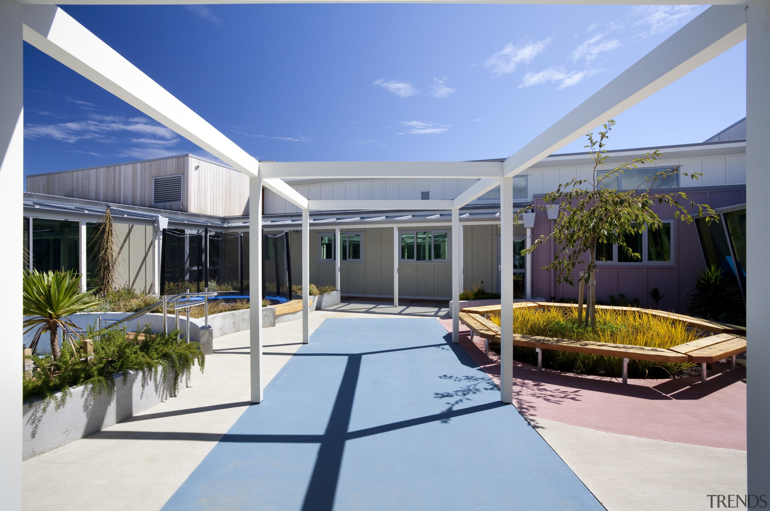 View of walkway with blue ground. - View apartment, architecture, condominium, corporate headquarters, daylighting, estate, home, house, leisure centre, property, real estate, roof, swimming pool, teal