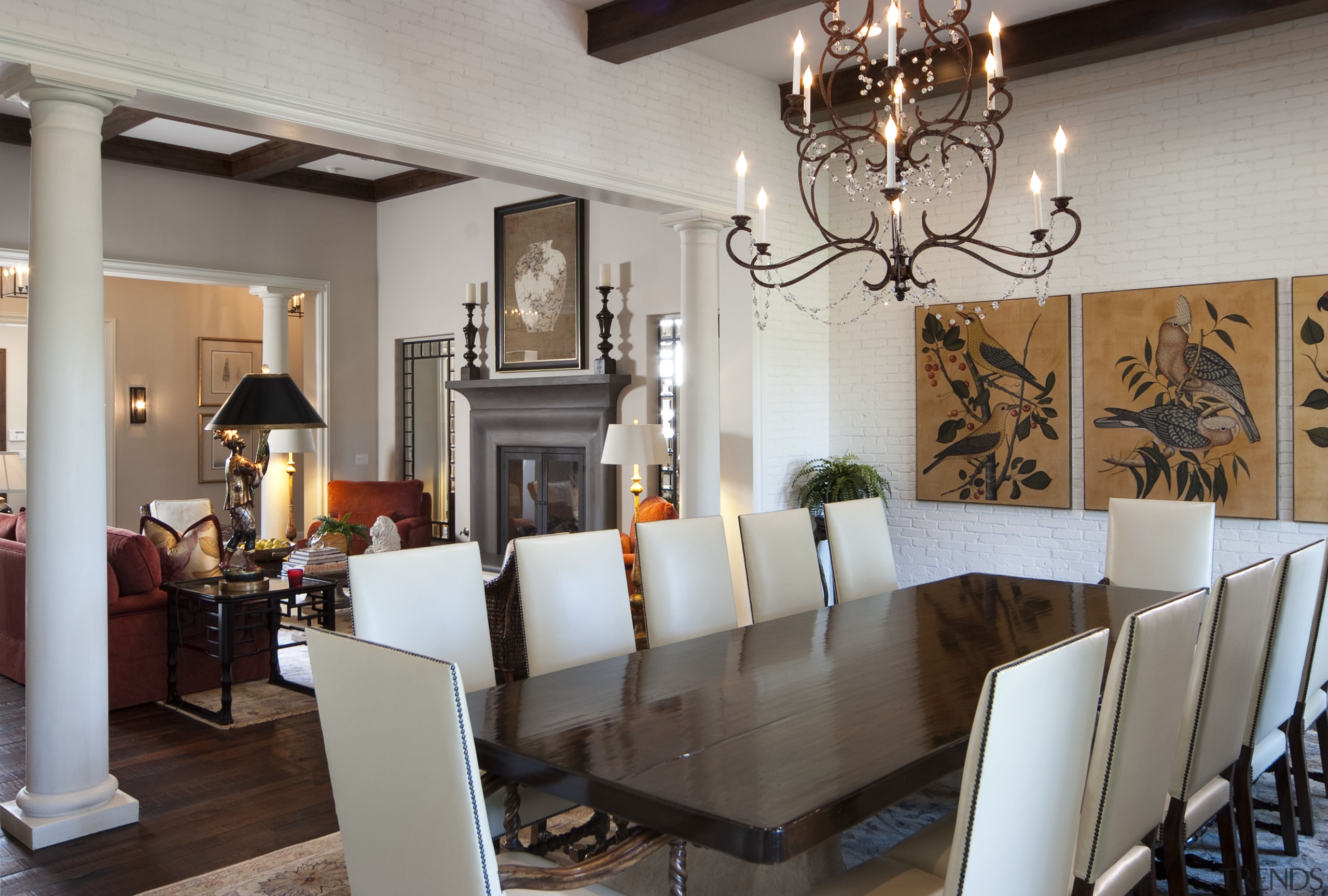 Dining room, white furniture, chandelier, wall art ceiling, dining room, furniture, home, interior design, living room, room, table, gray