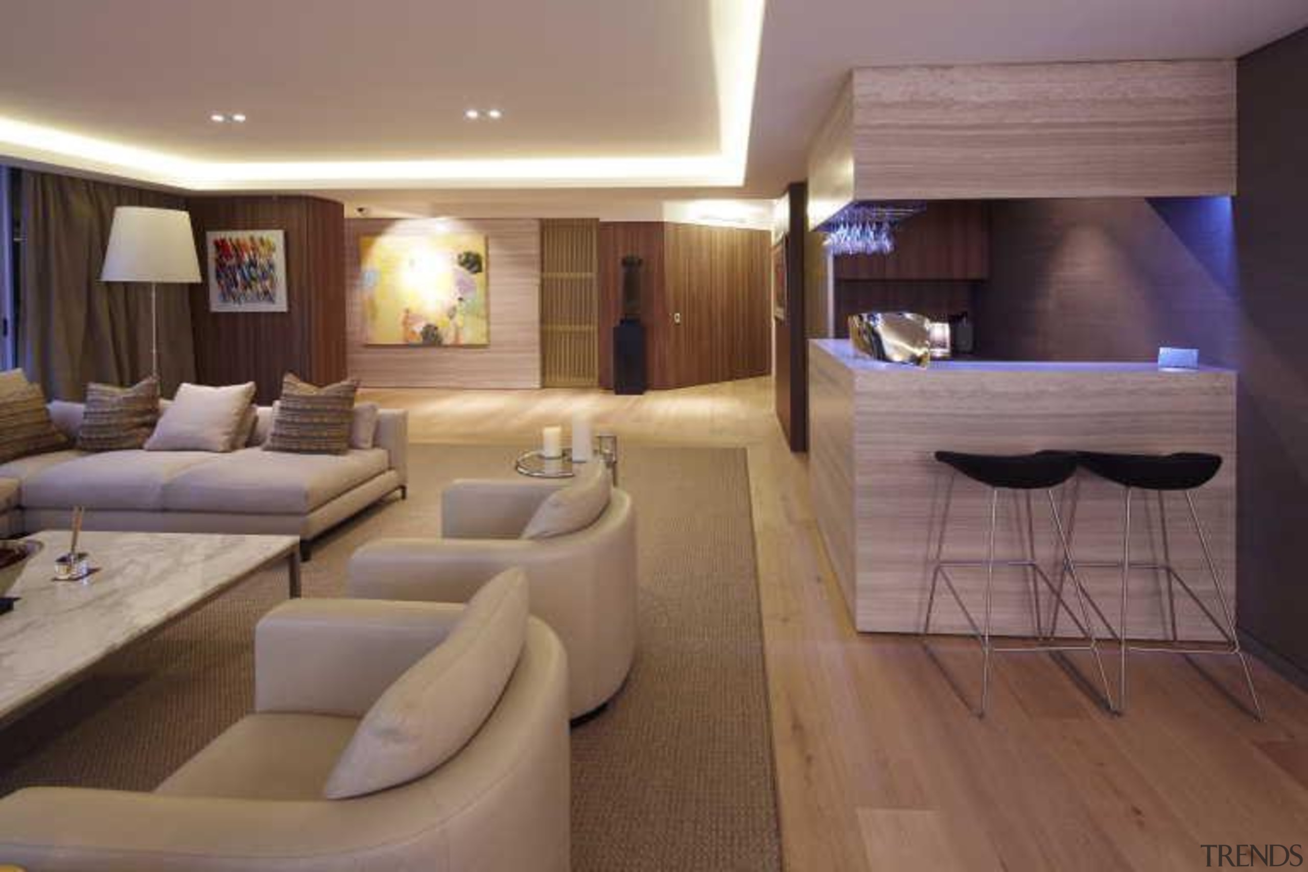 In this contemporary apartment renovation, woodgrain surfaces from ceiling, interior design, room, suite, brown, gray