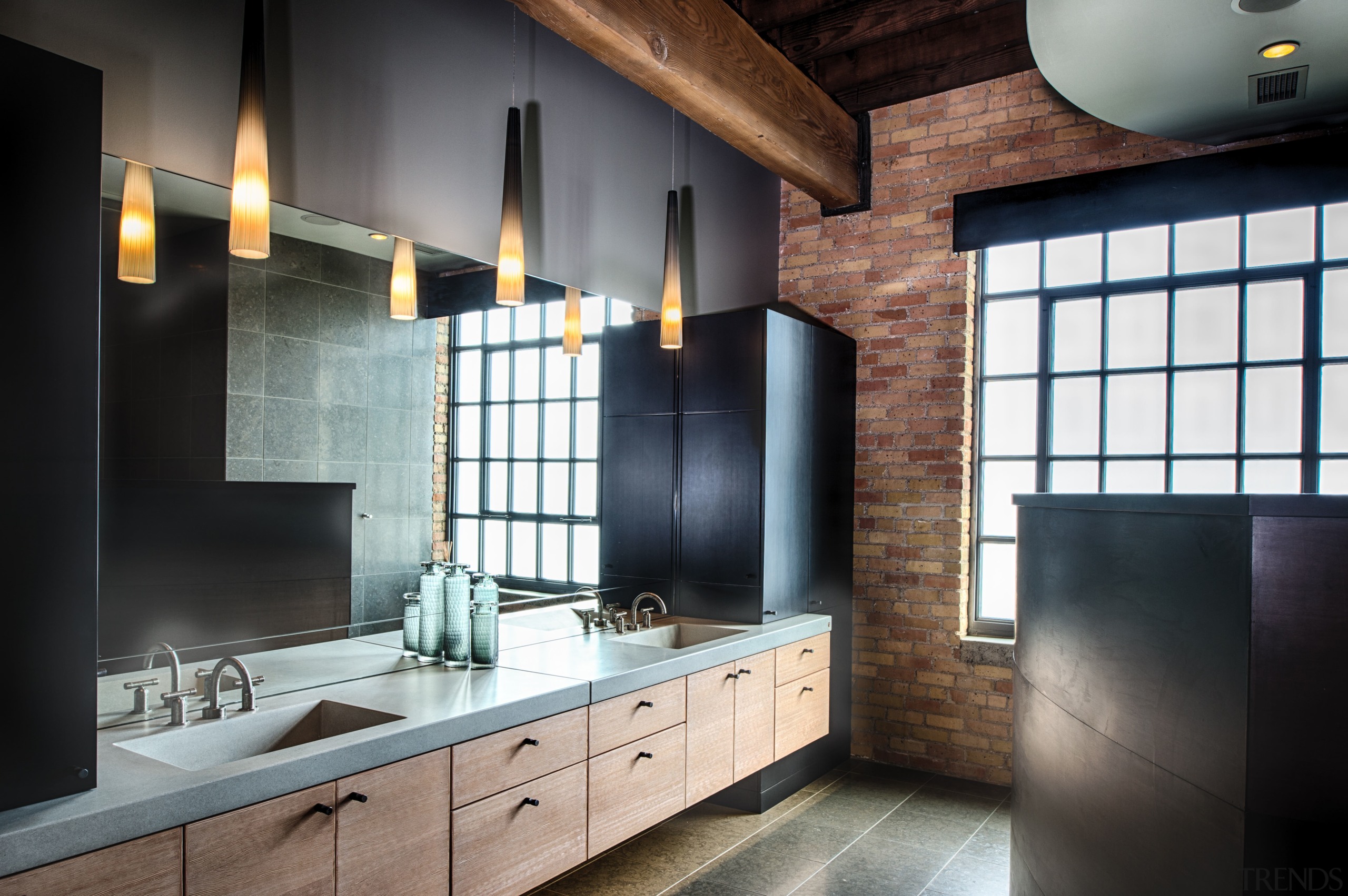 Bathrooms on the main floor of this converted bathroom, countertop, interior design, kitchen, room, black, gray