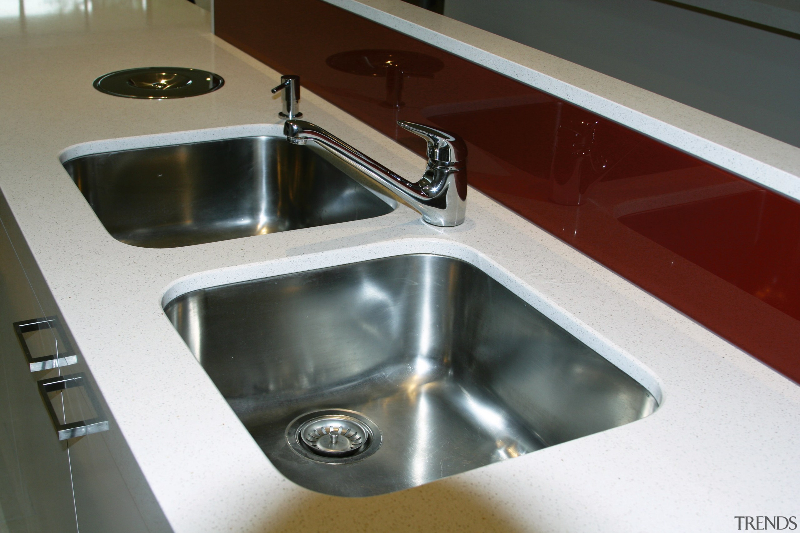 View of kitchen sinks, light coloured stone benchtops, bathroom sink, countertop, hardware, kitchen sink, plumbing fixture, product design, sink, tap, gray