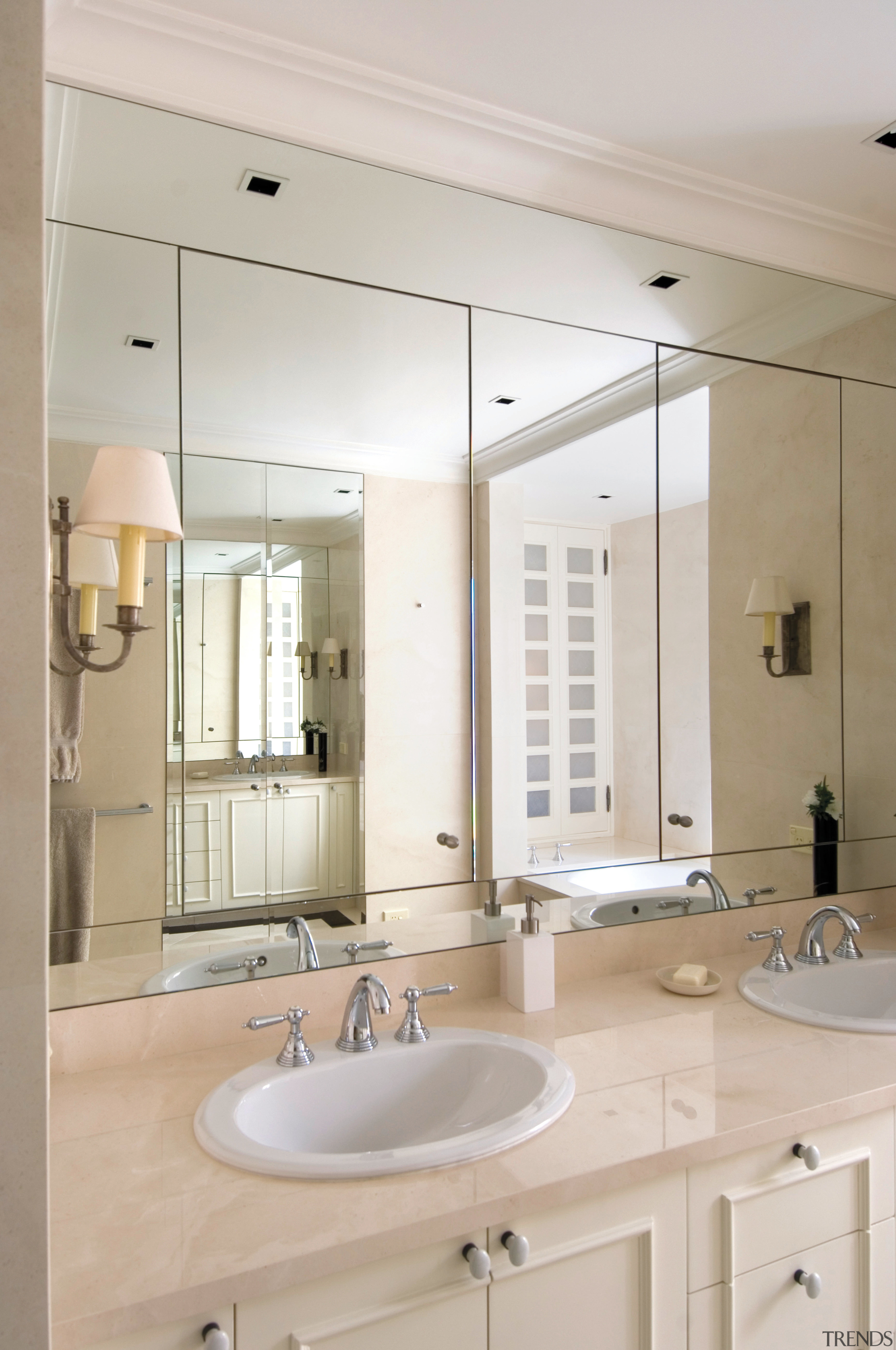 A view of the master bathroom featuring recessed bathroom, bathroom accessory, bathroom cabinet, home, interior design, room, sink, tap, gray