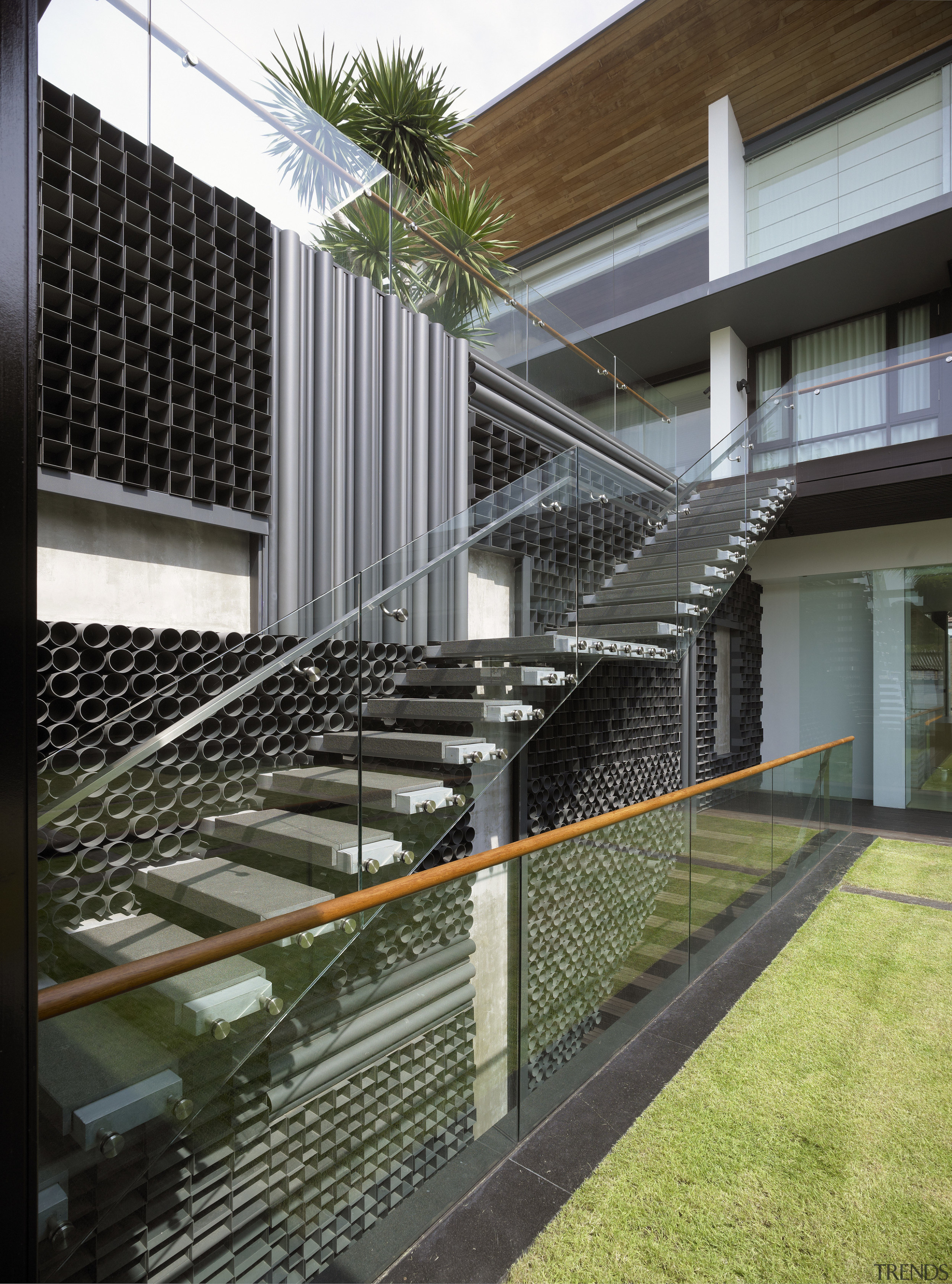 Close up view of this stairway - Close apartment, architecture, building, condominium, facade, handrail, house, mixed use, real estate, residential area, stairs, black, gray