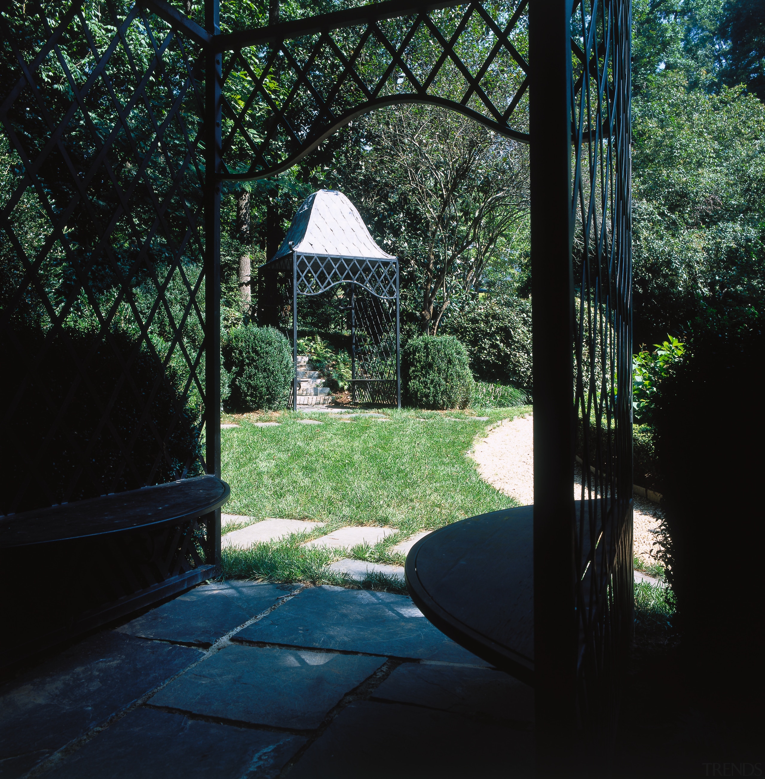 View of the garden fromthe steel pavilion, lwans, architecture, backyard, garden, grass, green, house, landscape, leaf, outdoor structure, plant, sunlight, tree, walkway, yard, black