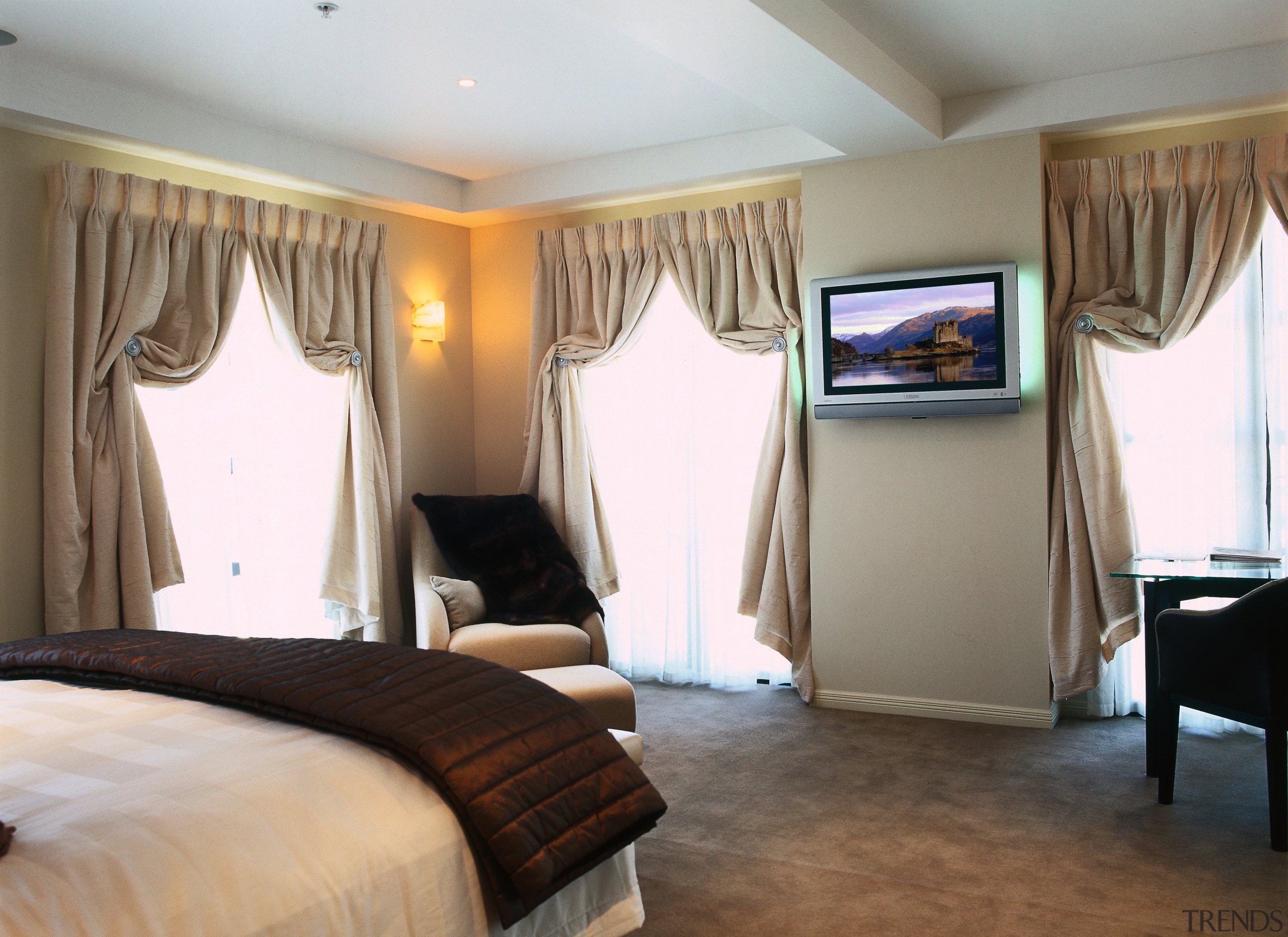 A view of the audio visual equipment used bedroom, ceiling, curtain, floor, furniture, home, interior design, property, real estate, room, suite, textile, wall, window, window covering, window treatment, white