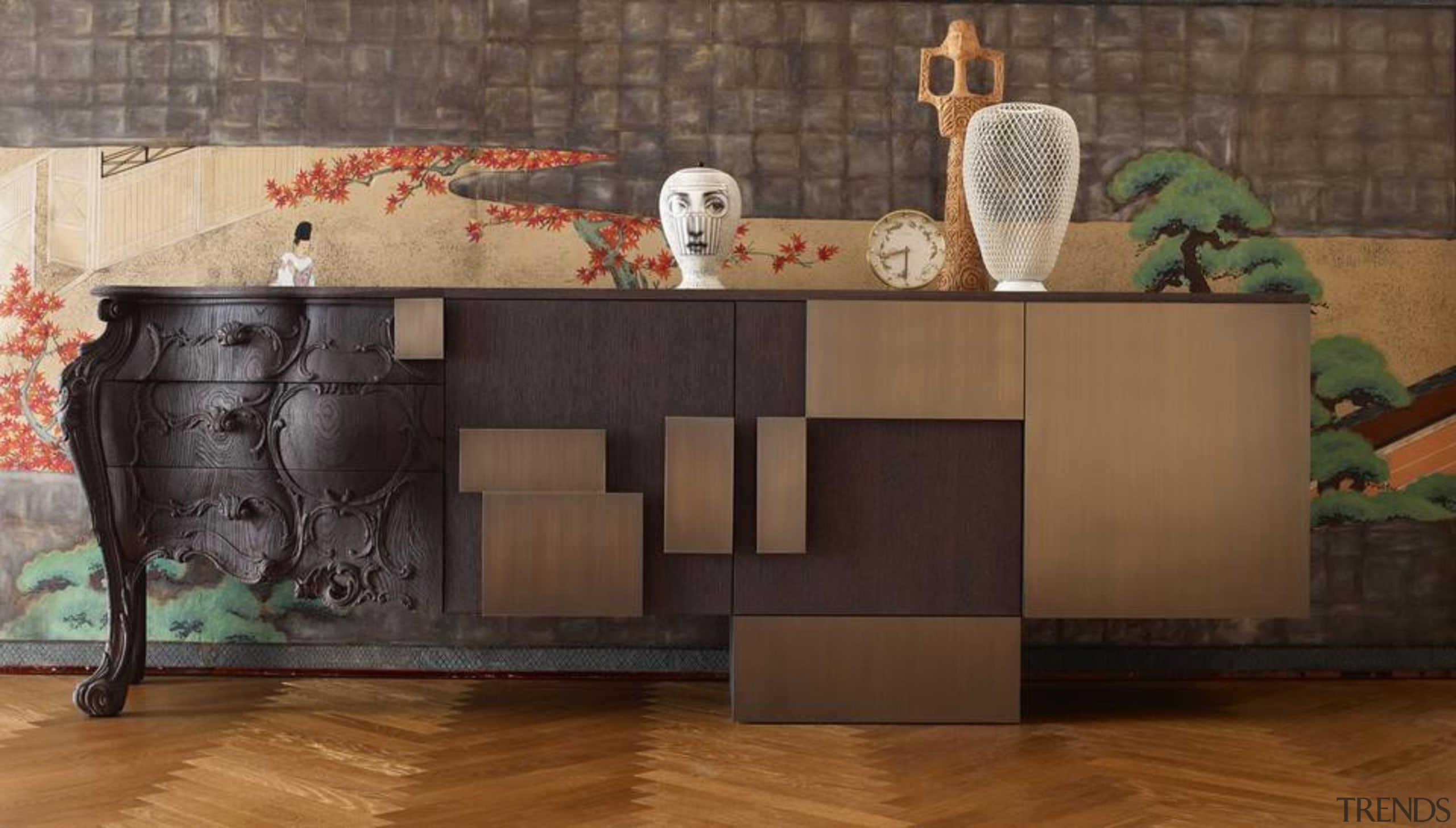 Many pieces of furniture mix traditional design with chest of drawers, floor, flooring, furniture, hardwood, interior design, sideboard, table, wood, brown, black