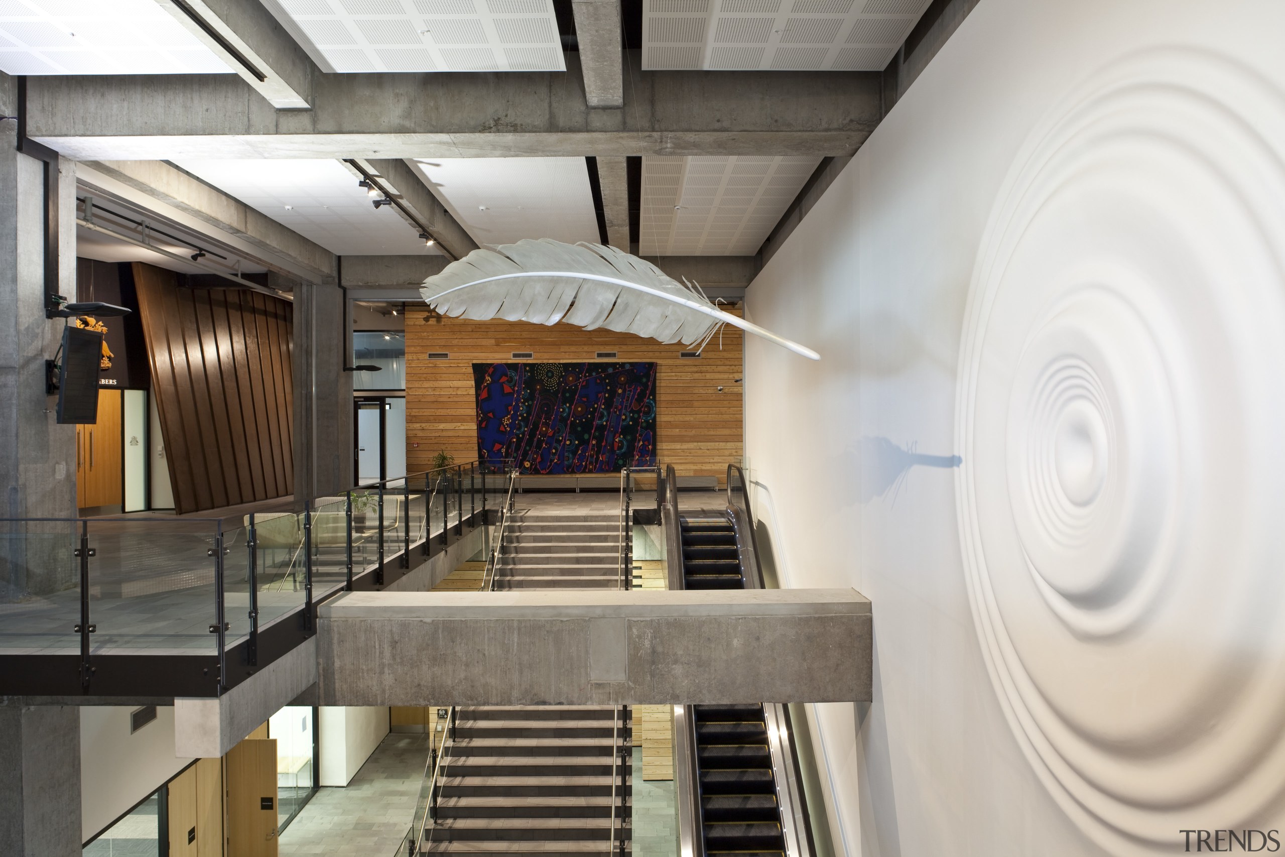View of the Christchurch City Council building, with architecture, ceiling, daylighting, interior design, lobby, white