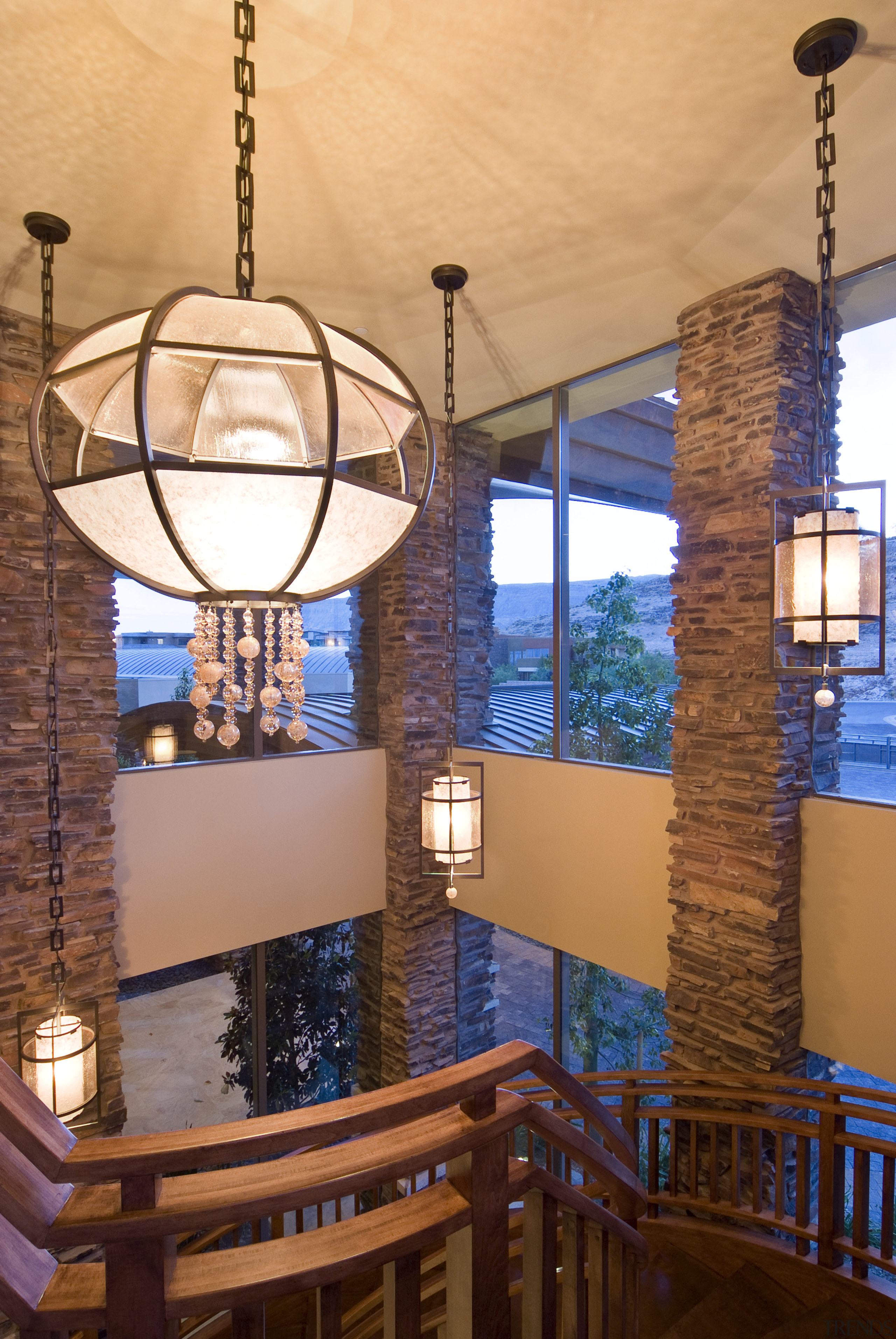 View of stairway which features chandelier hanging overhead architecture, ceiling, chandelier, home, interior design, light fixture, lighting, window, orange